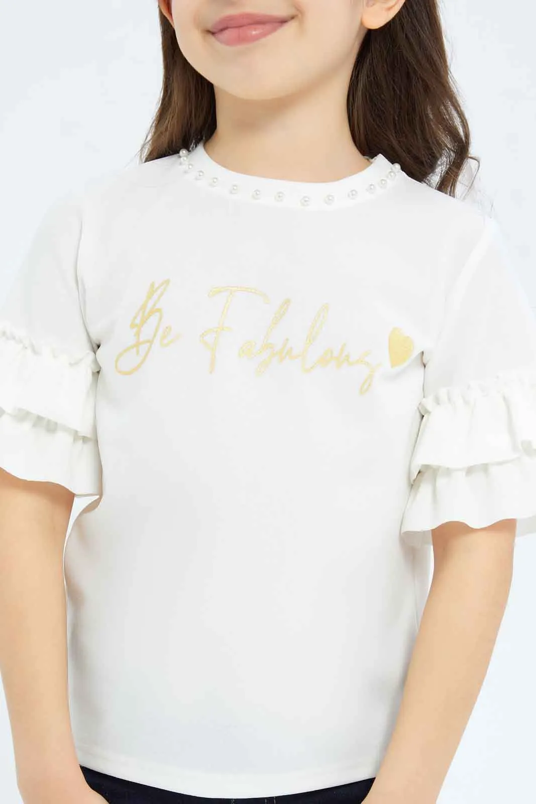 Girls White "Be Fabulous" Placement Print Blouse