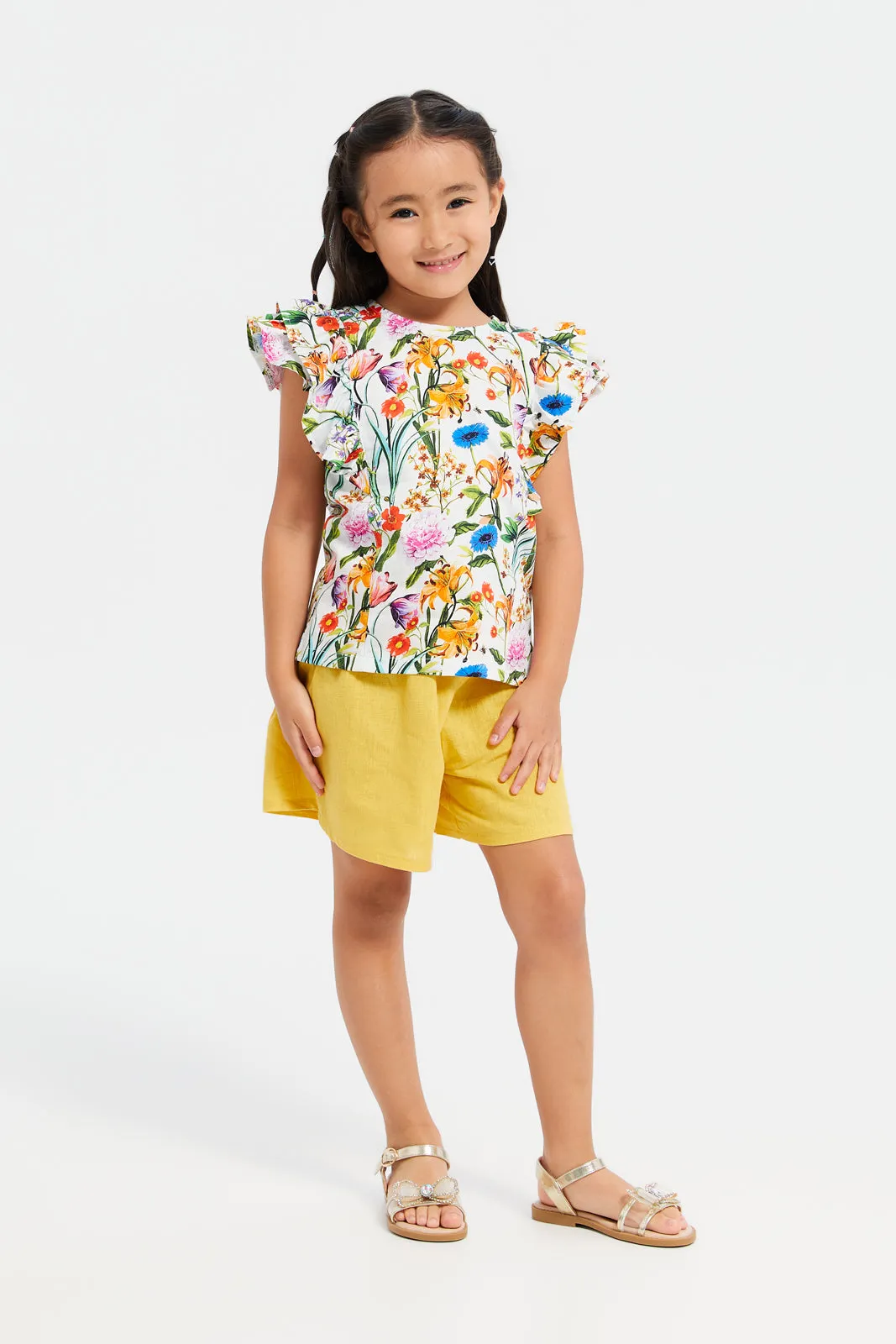 Girls Yellow Cotton Linen Shorts