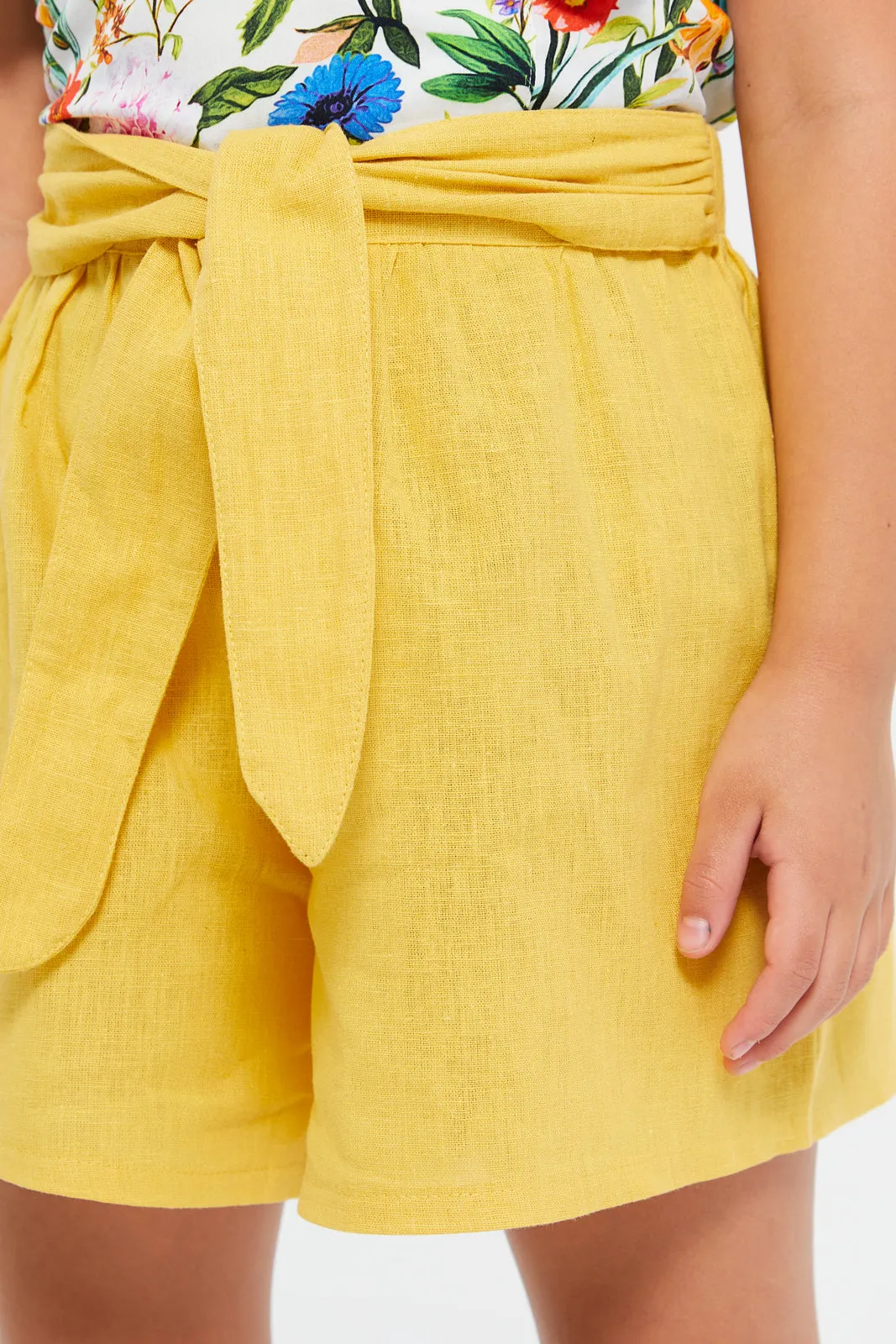 Girls Yellow Cotton Linen Shorts