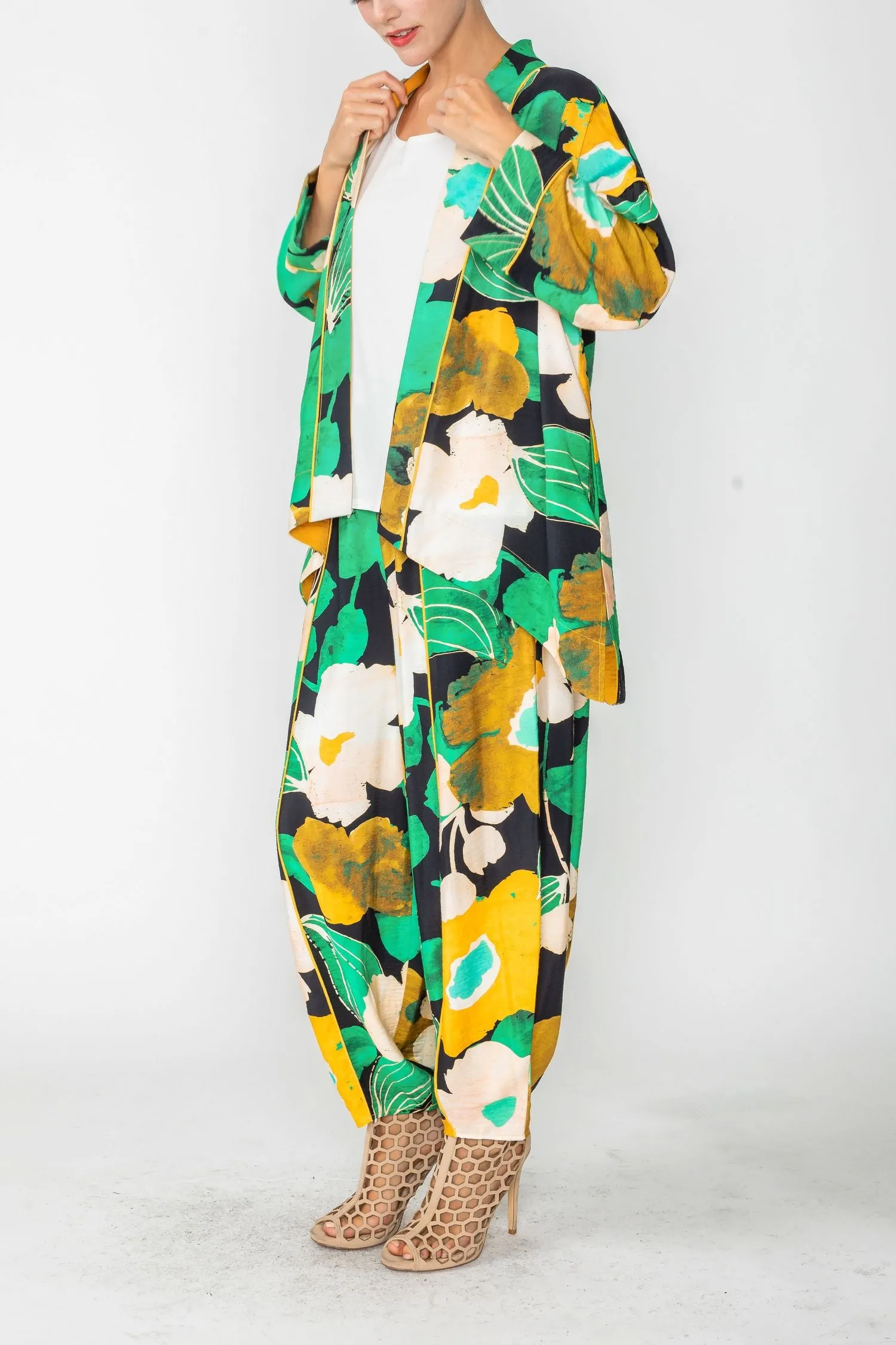 Green Open Front Asymmetrical Kimono