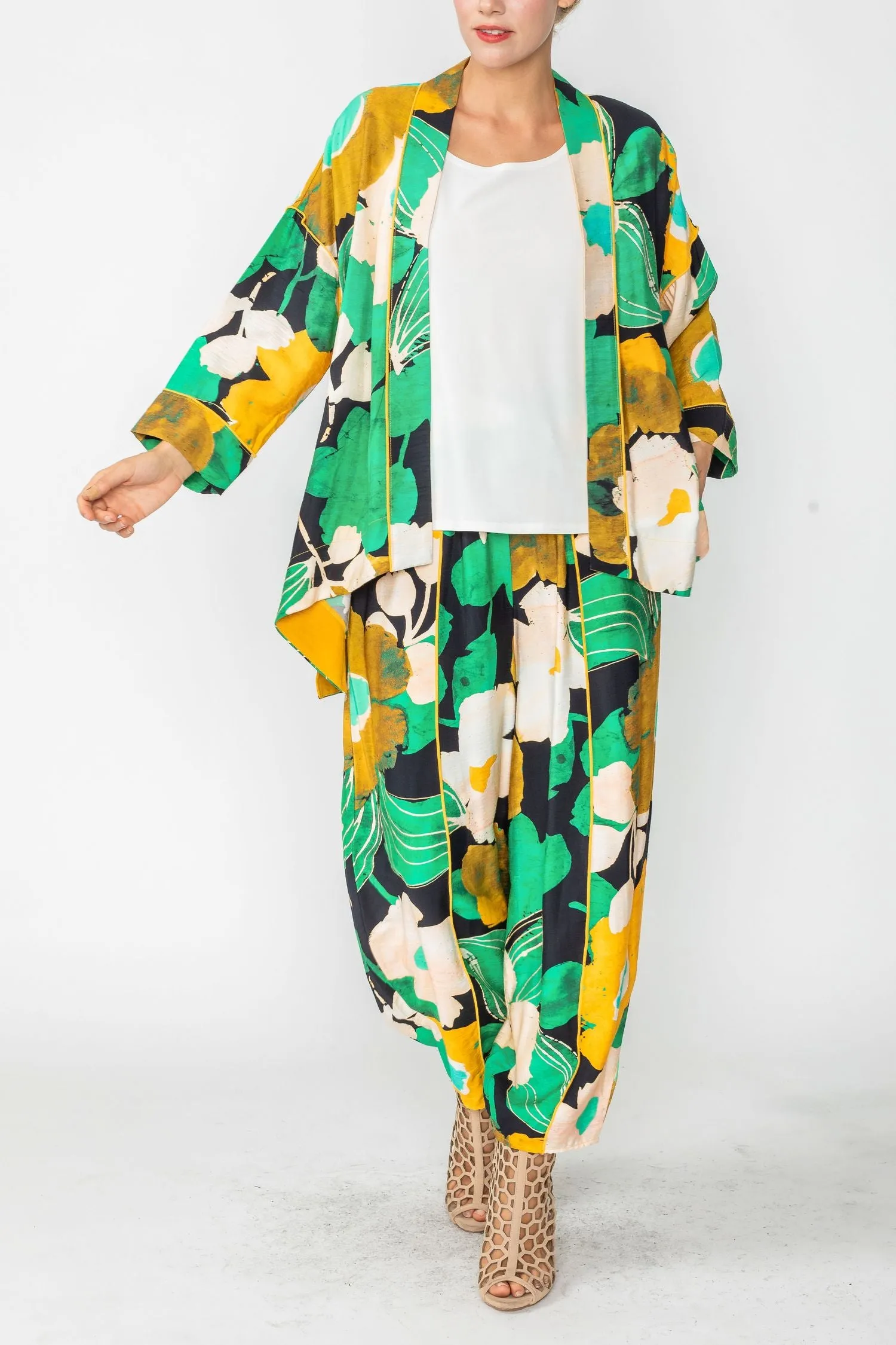 Green Open Front Asymmetrical Kimono