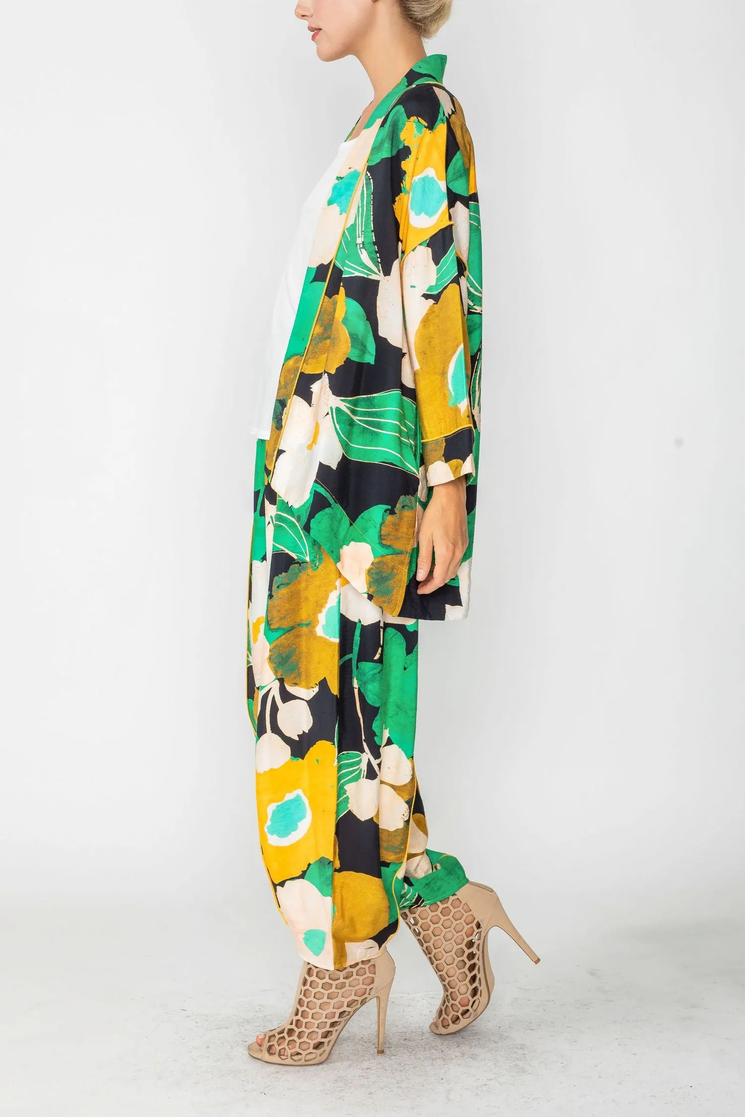 Green Open Front Asymmetrical Kimono