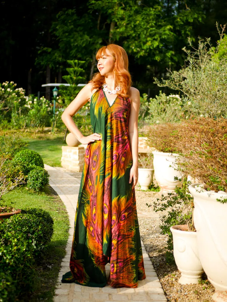 Green Peacock Feather Goddess Boho Maxi Dress