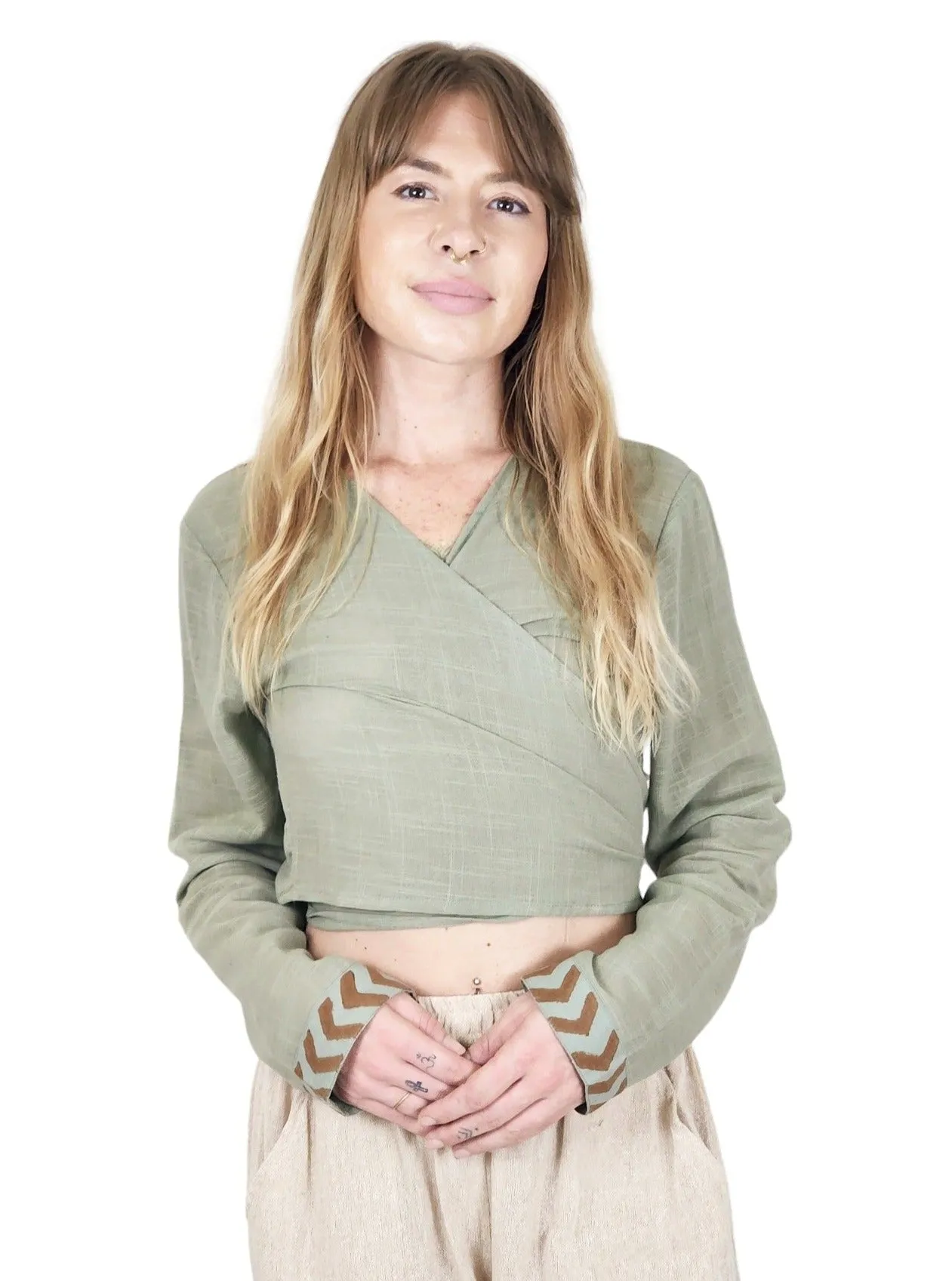 Green Sage Long Sleeve Wrap Top