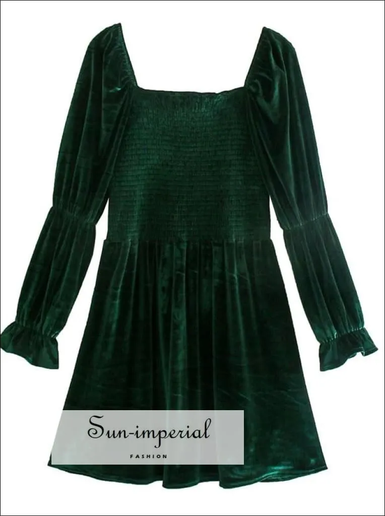 Green Velvet Square Collar Long Sleeve Mini Dress