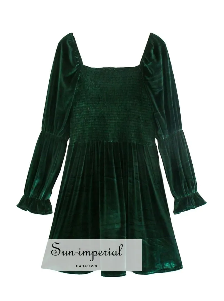 Green Velvet Square Collar Long Sleeve Mini Dress