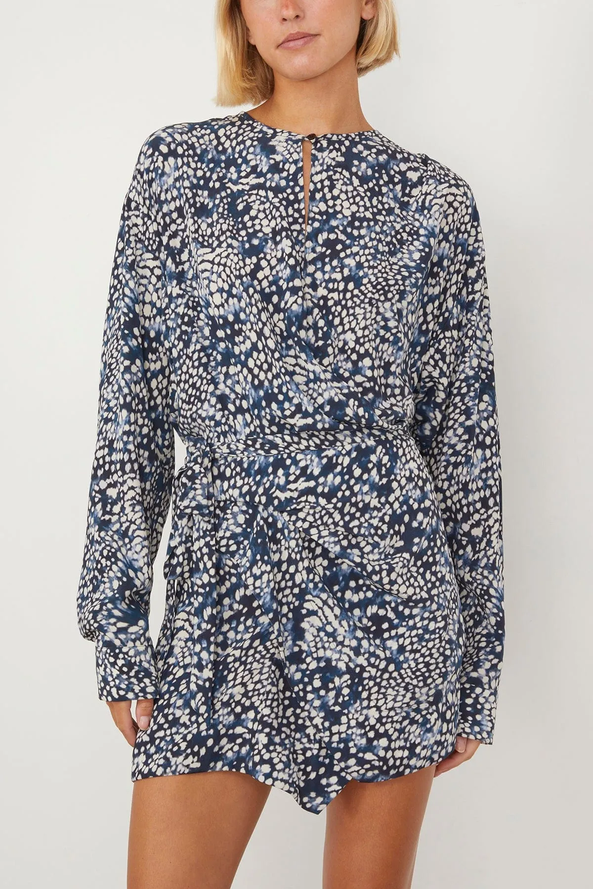 Habla Floral Asymmetric Long Sleeve Wrap Dress in Midnight/White