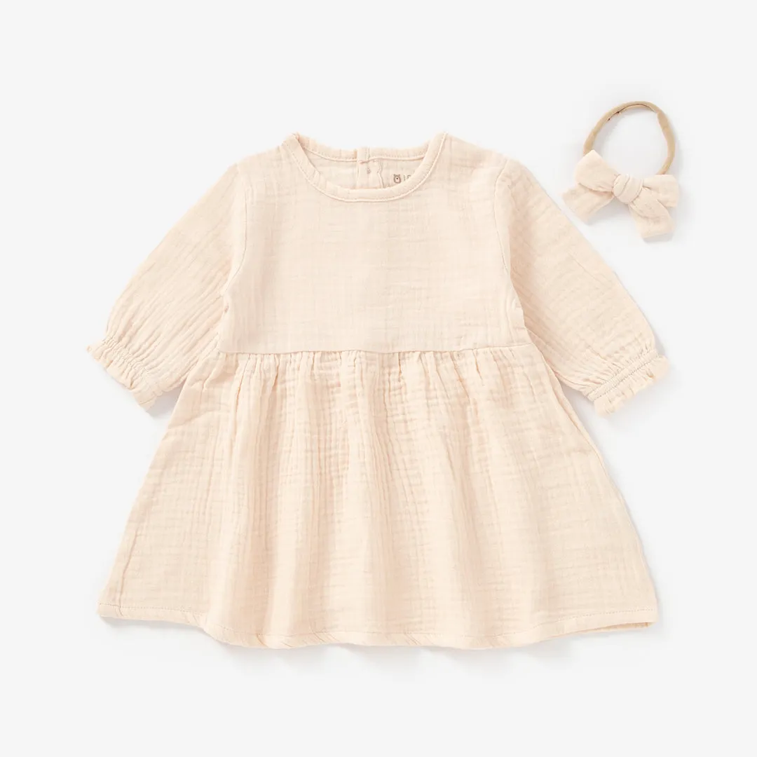 JBØRN Organic Cotton Muslin Baby Girl Dress and Bow | Personalisable