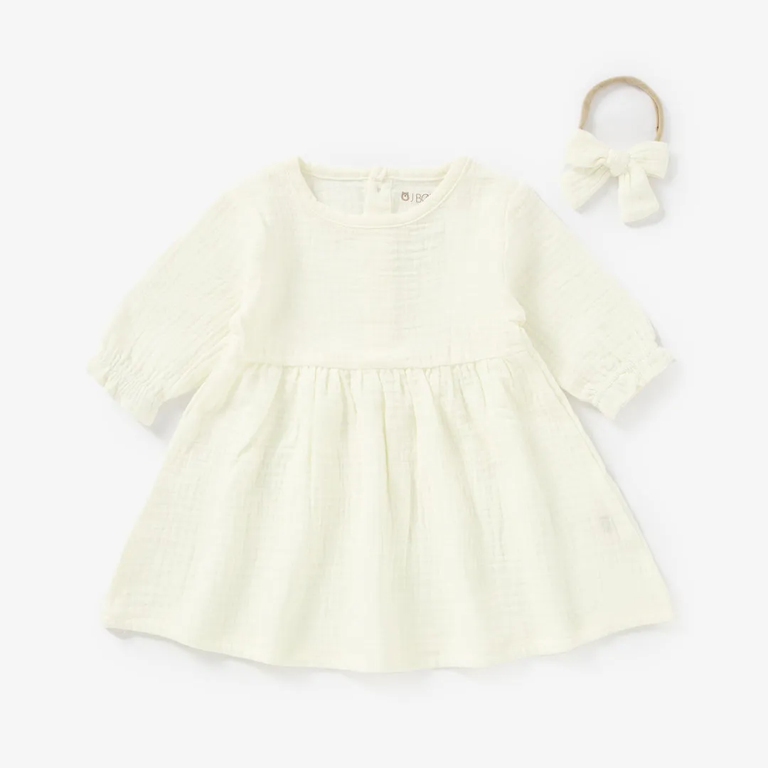 JBØRN Organic Cotton Muslin Baby Girl Dress and Bow | Personalisable