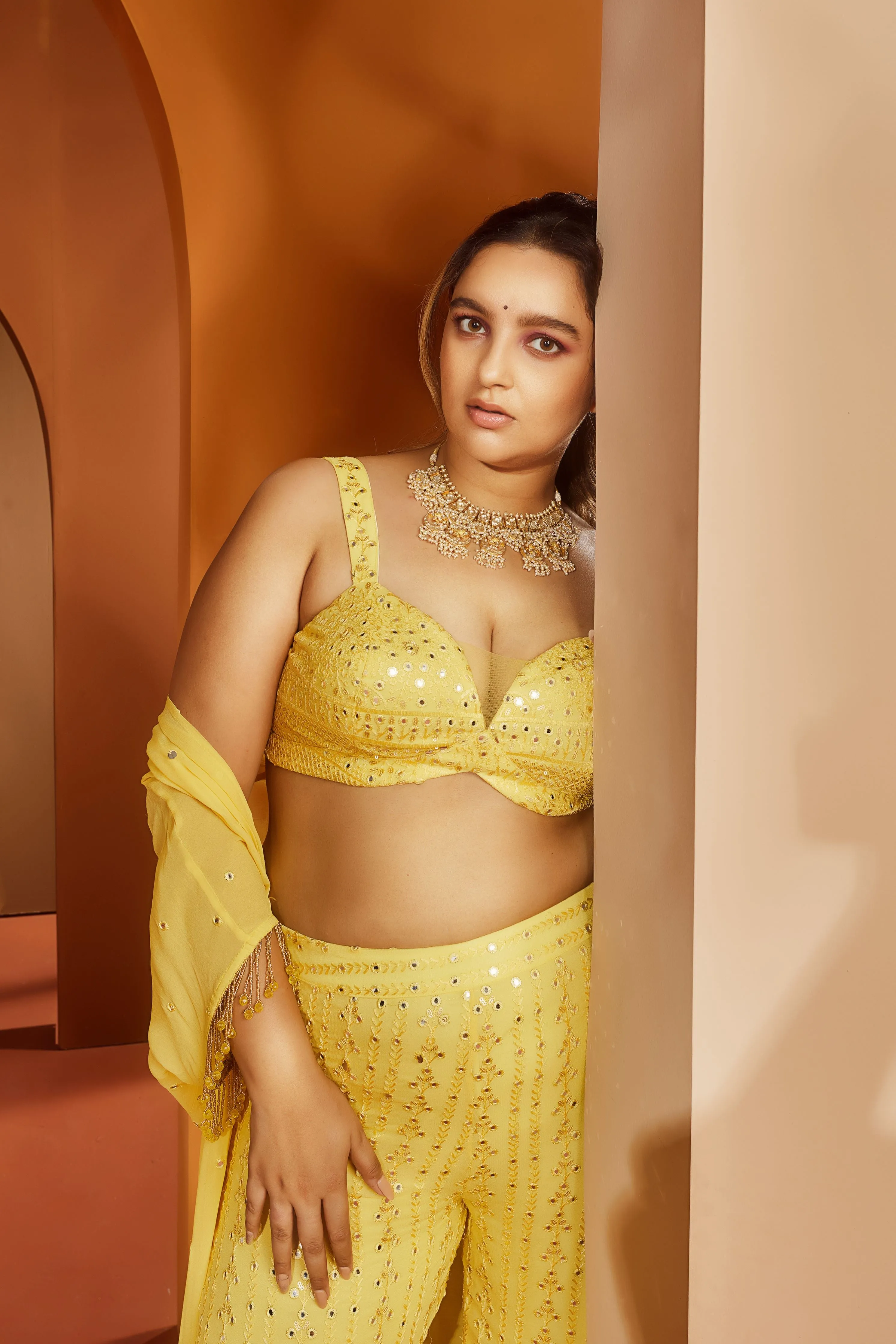 Jeevika Yellow Mirror Embroidery Coord Set