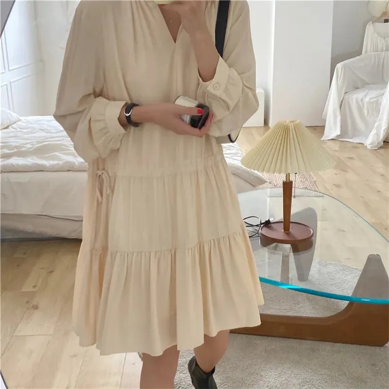 Joskka  New Women Spring Summer Shirt Dresses Bohemian Elegant High Waist Vintage Korean Style Drawstring Lady Long Dress