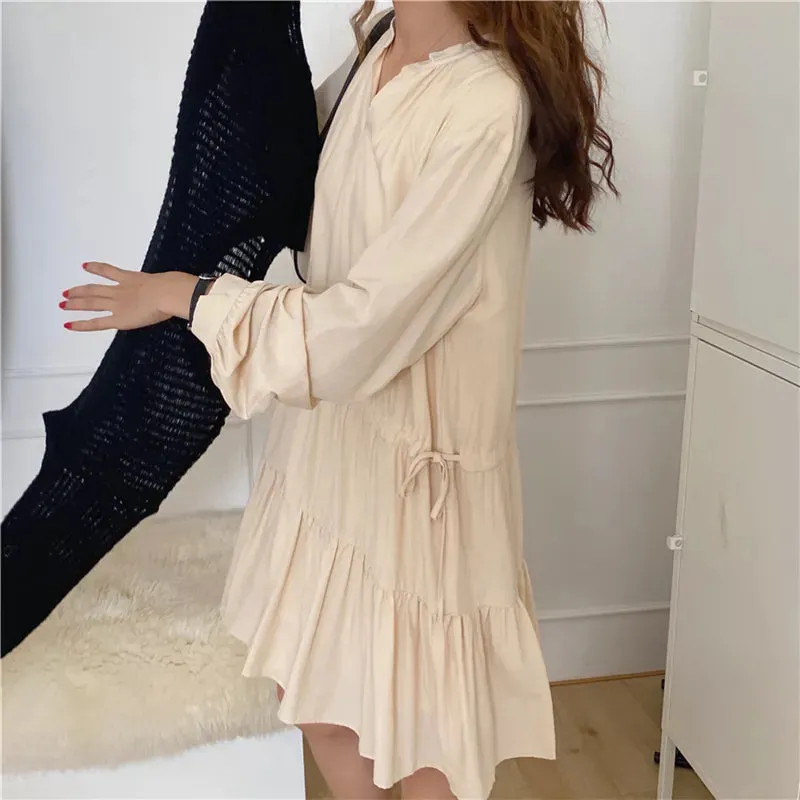 Joskka  New Women Spring Summer Shirt Dresses Bohemian Elegant High Waist Vintage Korean Style Drawstring Lady Long Dress