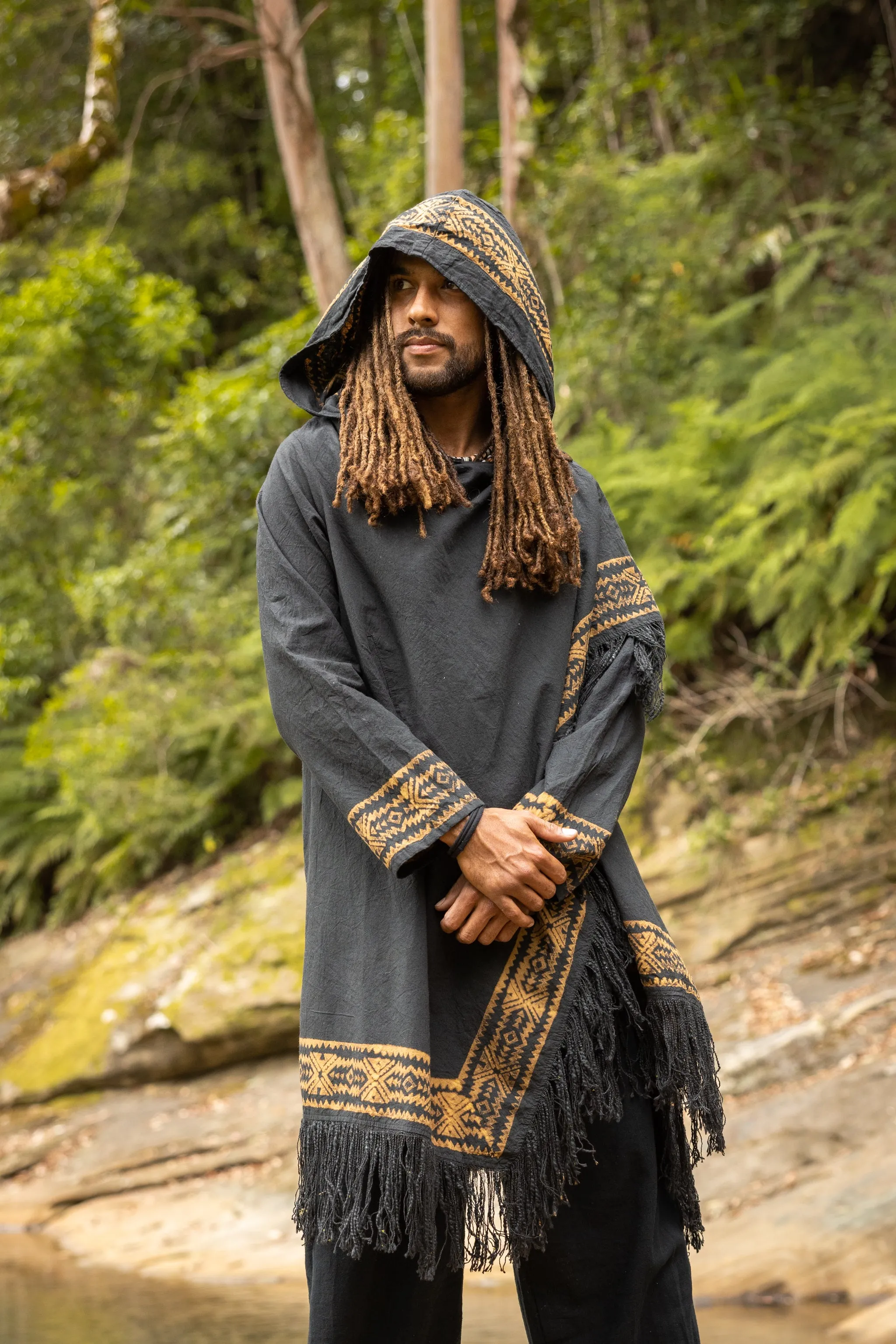 JUBBA Black Mens Hooded Cloak Long Sleeve Poncho Jacket Festival Tribal Dystopian Apocalyptic Block Printed Steampunk Handmade Dune AJJAYA