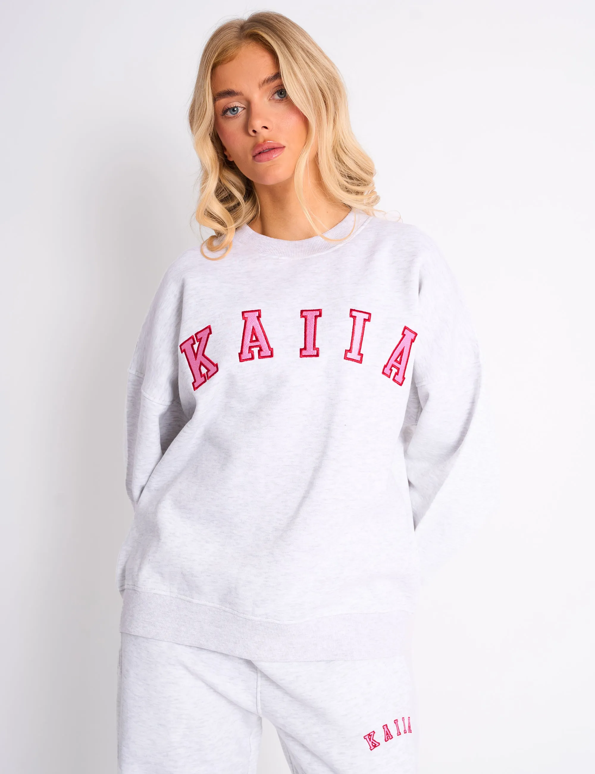 Kaiia Slogan Oversized Sweatshirt Light Grey Marl & Pink Contrast