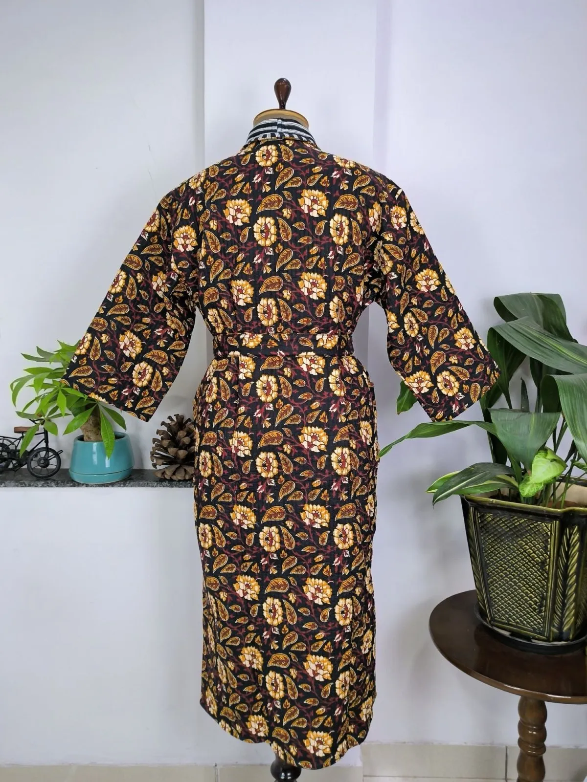 Kantha Quilted Pure Cotton Reversible Long Kimono Women Black Mustard Botanical Floral