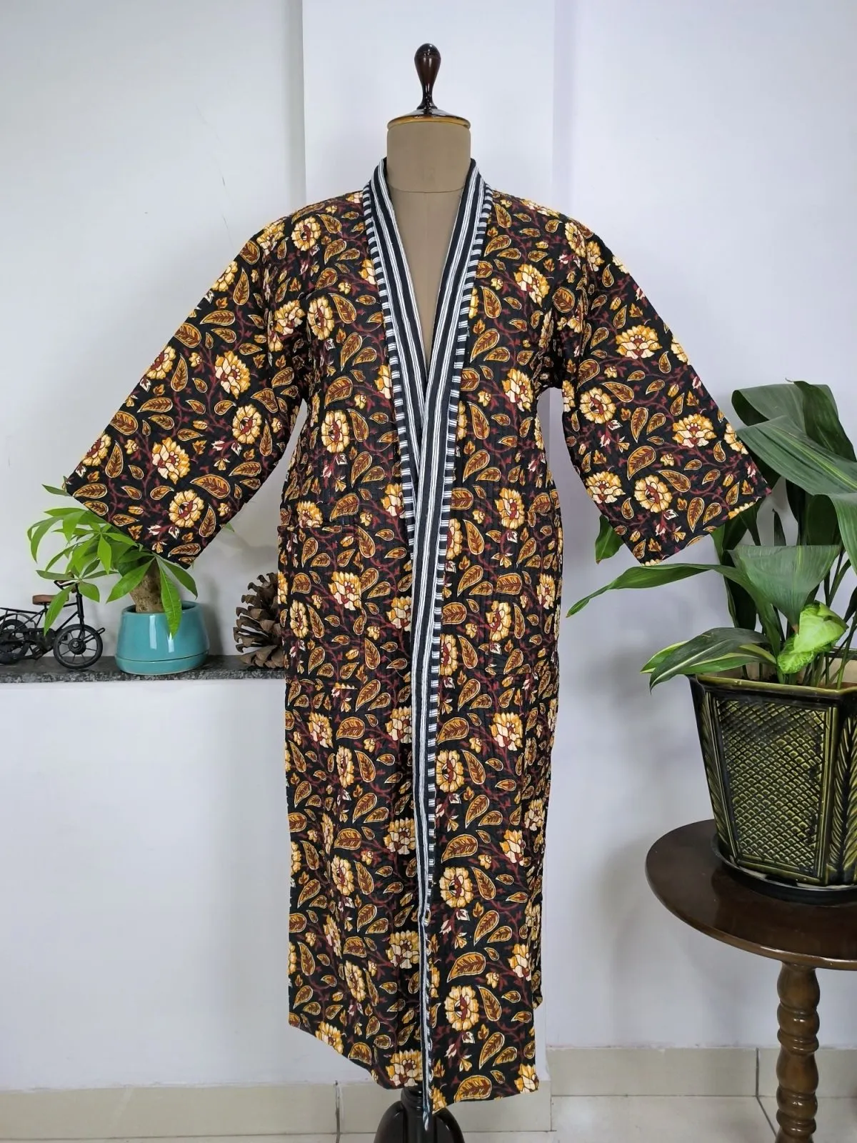 Kantha Quilted Pure Cotton Reversible Long Kimono Women Black Mustard Botanical Floral