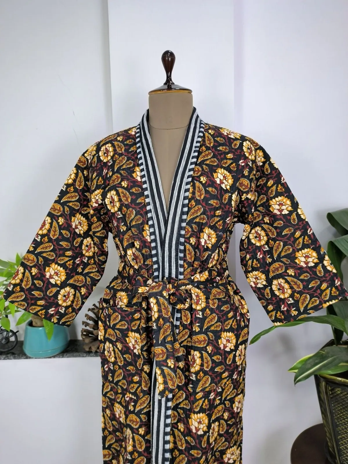 Kantha Quilted Pure Cotton Reversible Long Kimono Women Black Mustard Botanical Floral