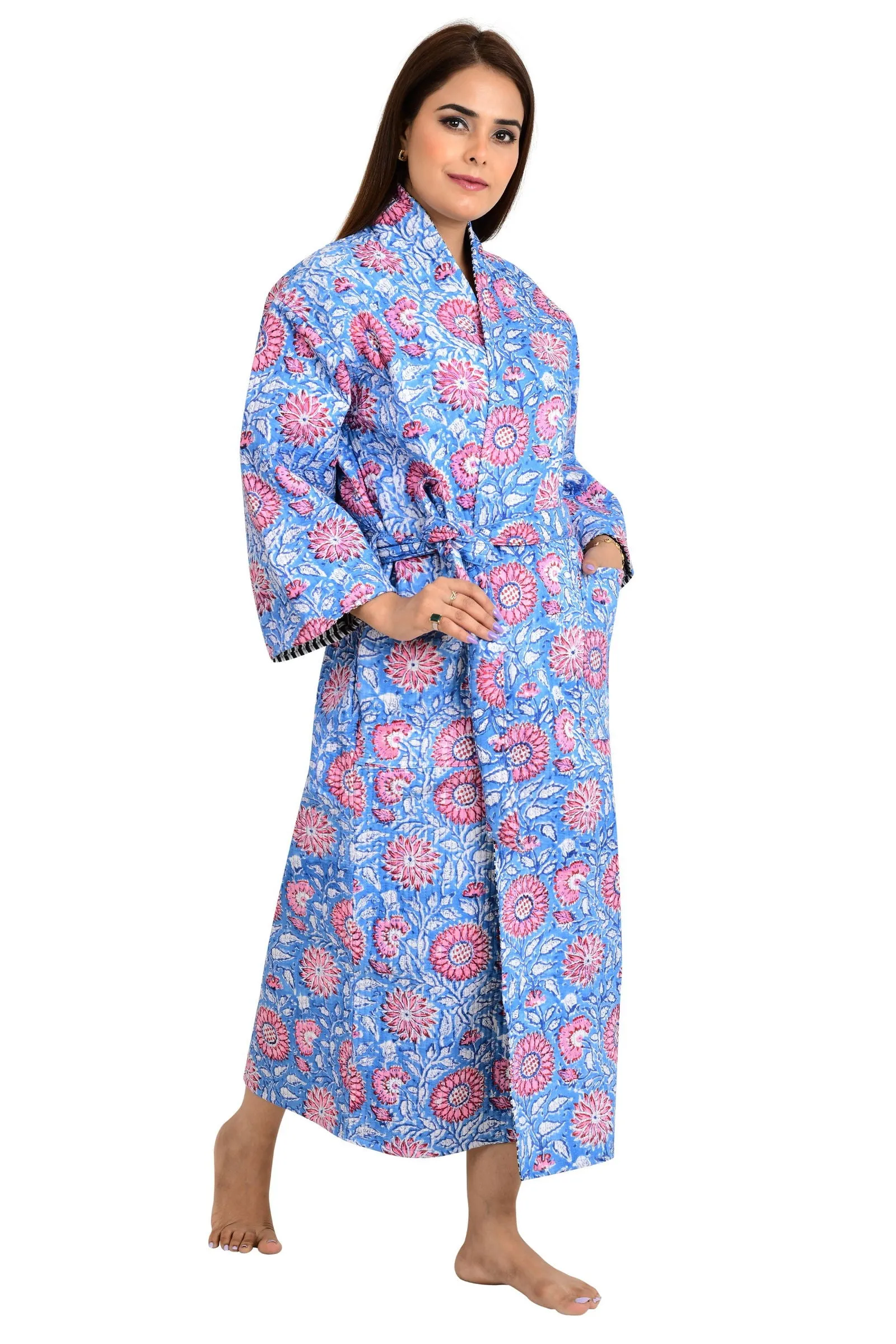 Kantha Quilted Pure Cotton Reversible Long Kimono Women Blue Pink Sun Flower