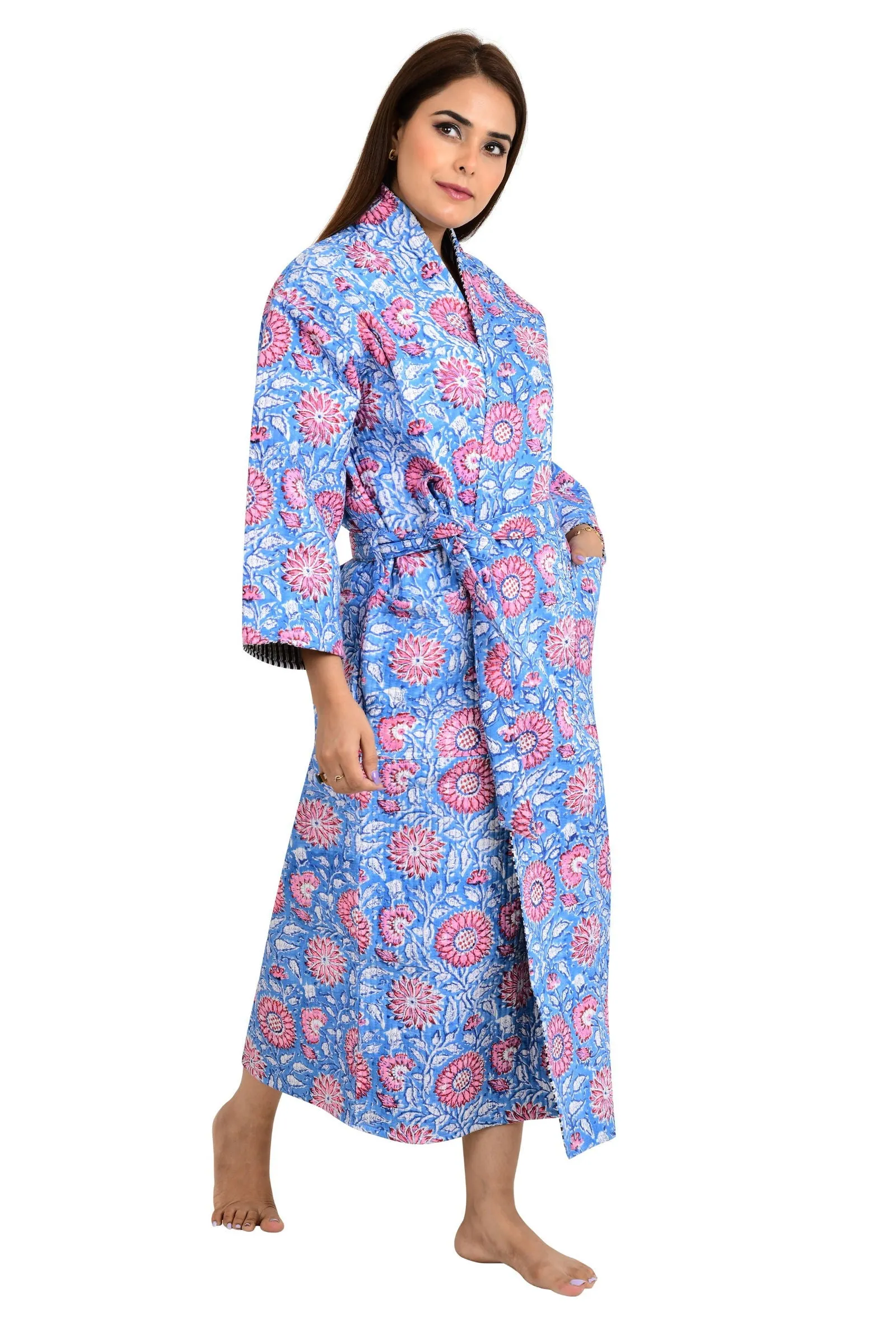 Kantha Quilted Pure Cotton Reversible Long Kimono Women Blue Pink Sun Flower