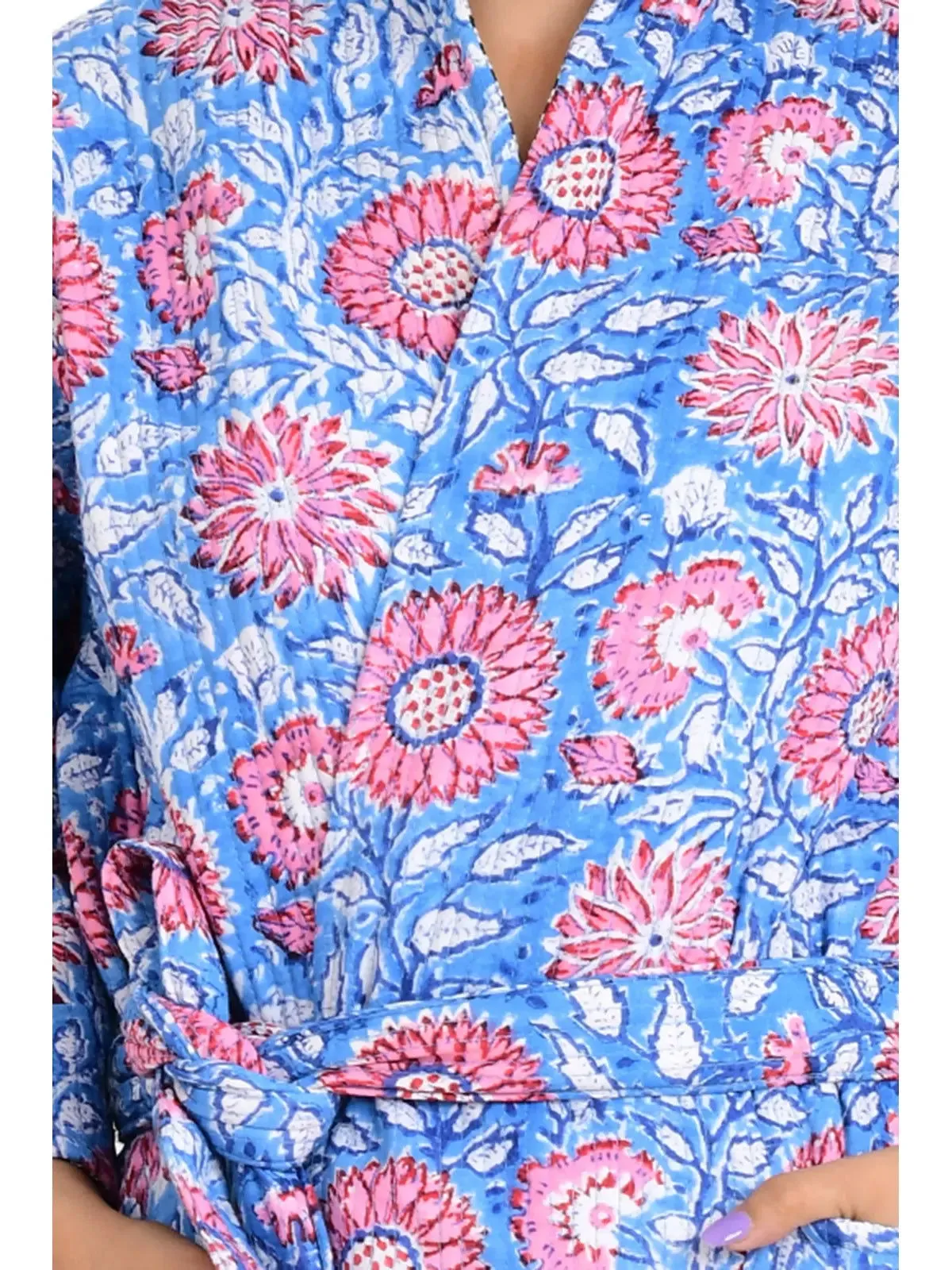 Kantha Quilted Pure Cotton Reversible Long Kimono Women Blue Pink Sun Flower