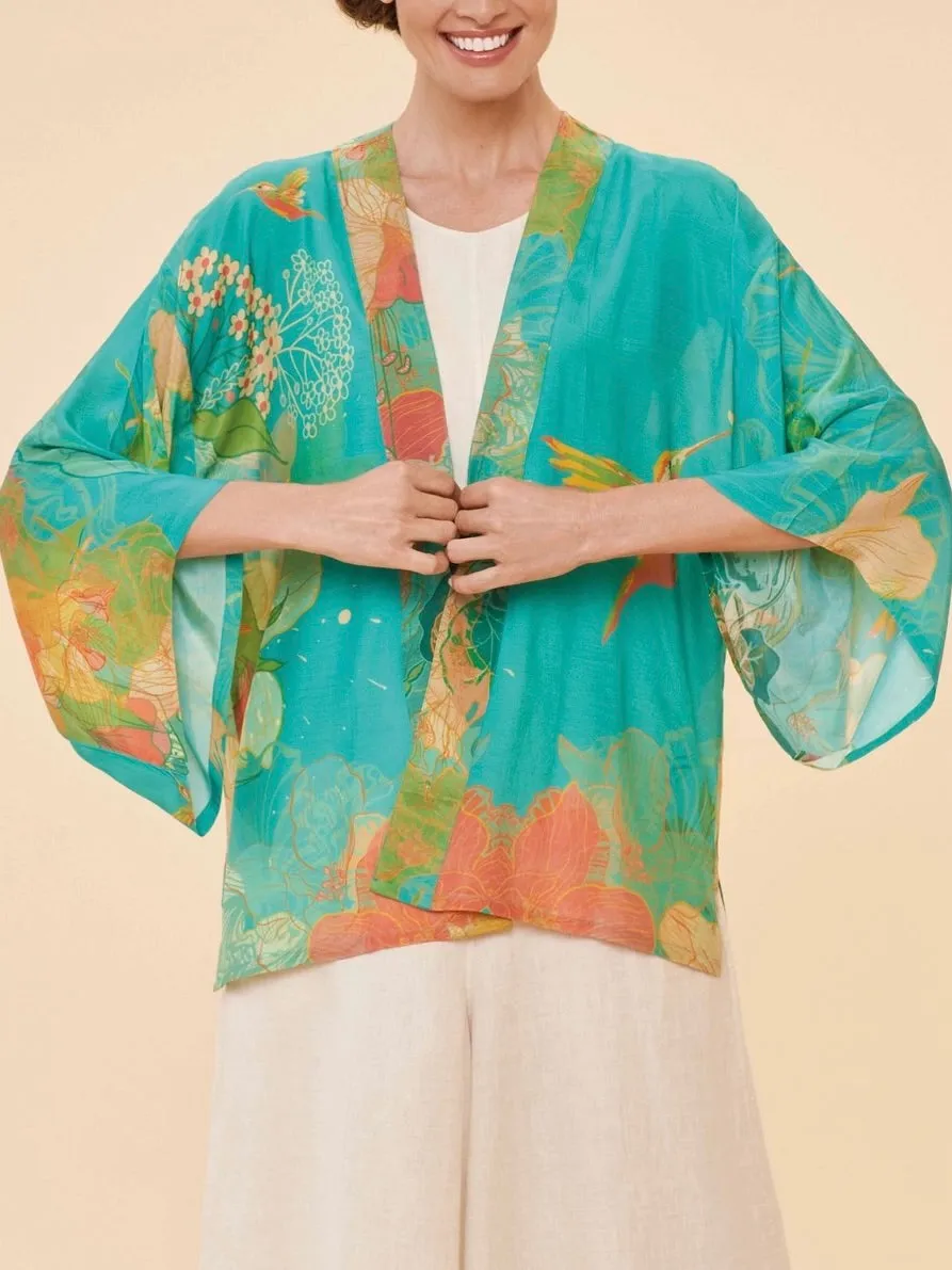 Kimono Jacket - Floral Hummingbird Aqua