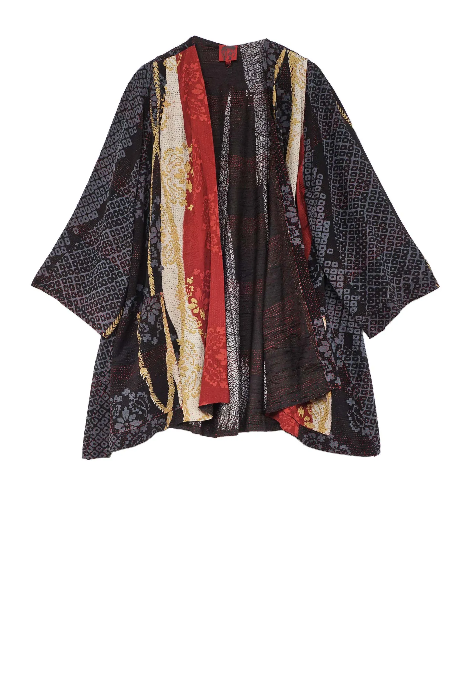 KIMONO PRINT KANTHA BELL SHAPE LONG JKT - kp2051-blk -