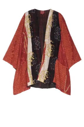 KIMONO PRINT KANTHA BELL SHAPE LONG JKT - kp2051-red -