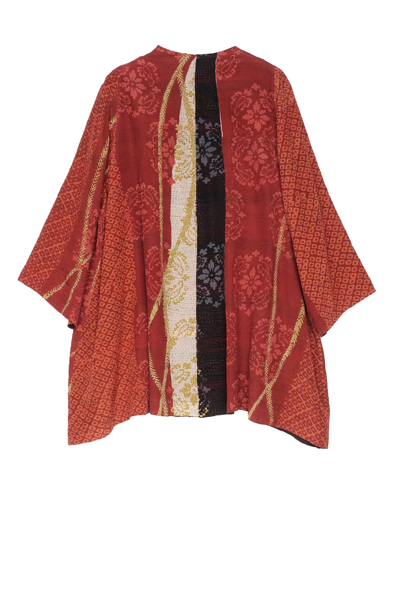 KIMONO PRINT KANTHA BELL SHAPE LONG JKT - kp2051-red -