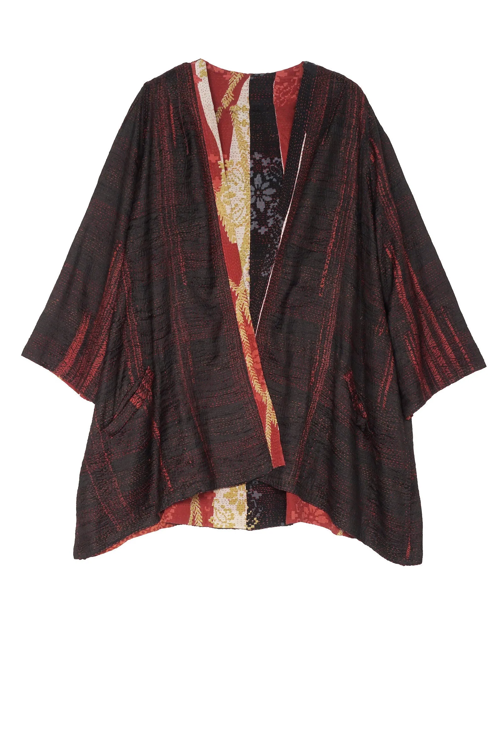 KIMONO PRINT KANTHA BELL SHAPE LONG JKT - kp2051-red -