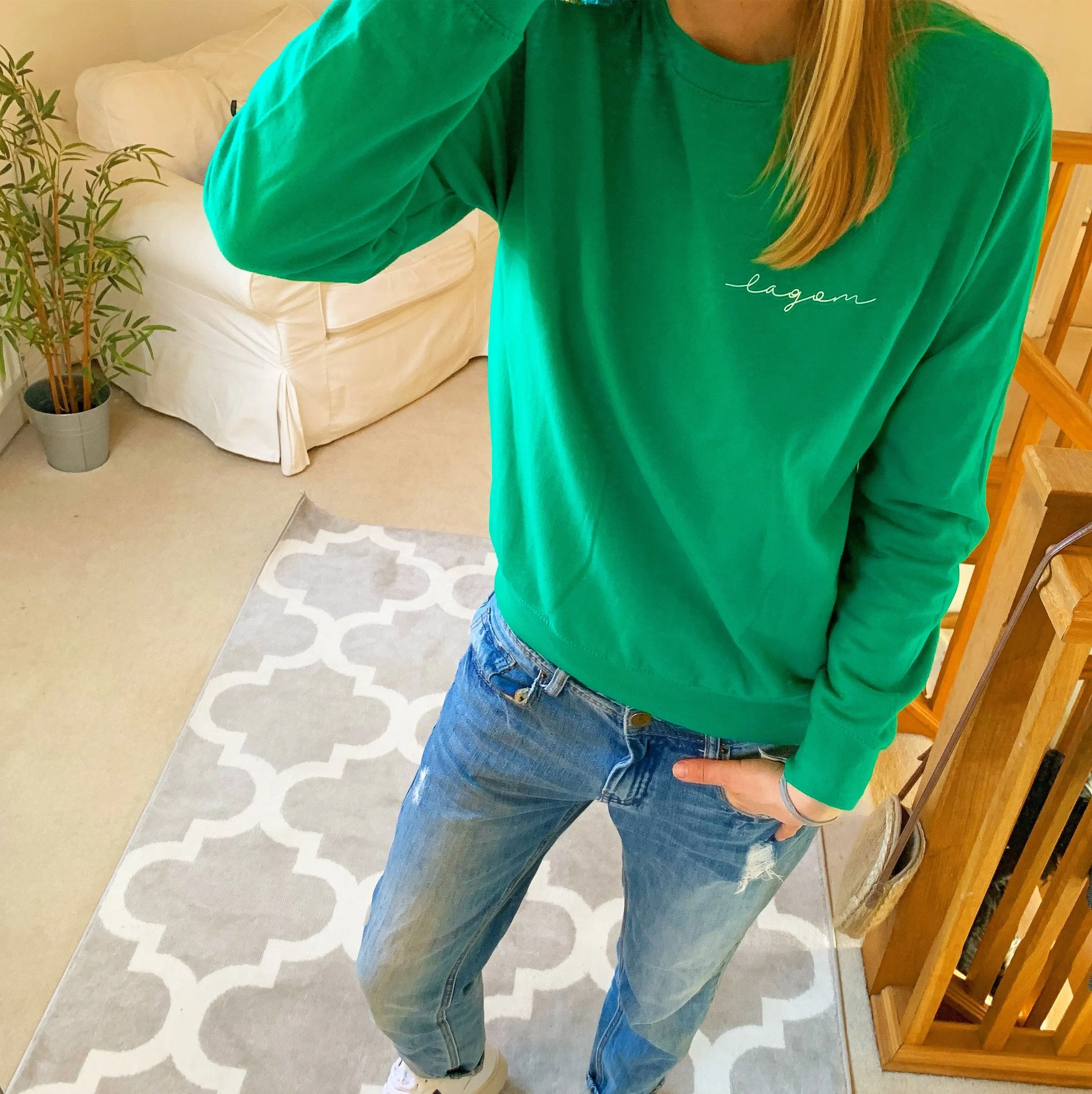 LAGOM on bright green sweatshirt