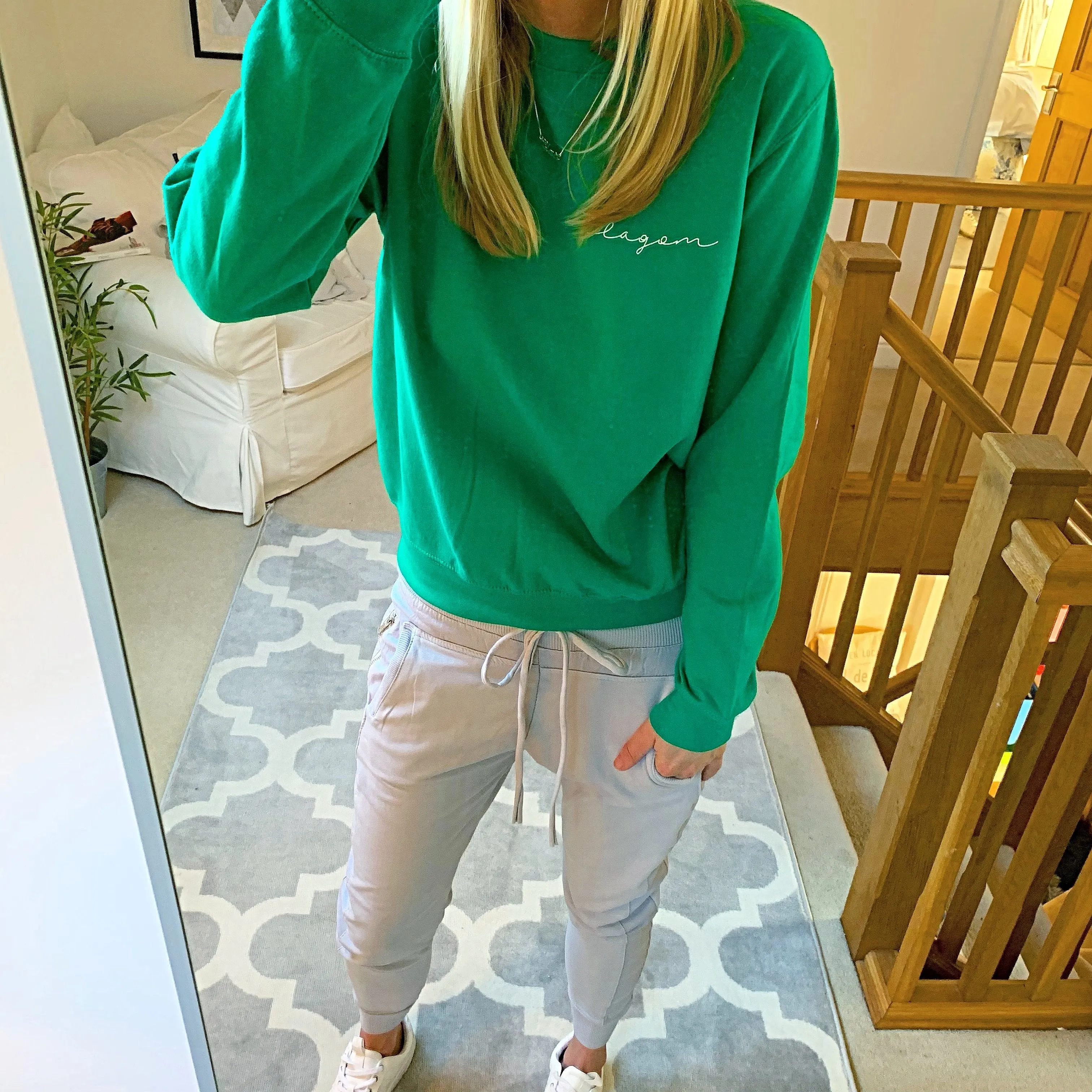 LAGOM on bright green sweatshirt