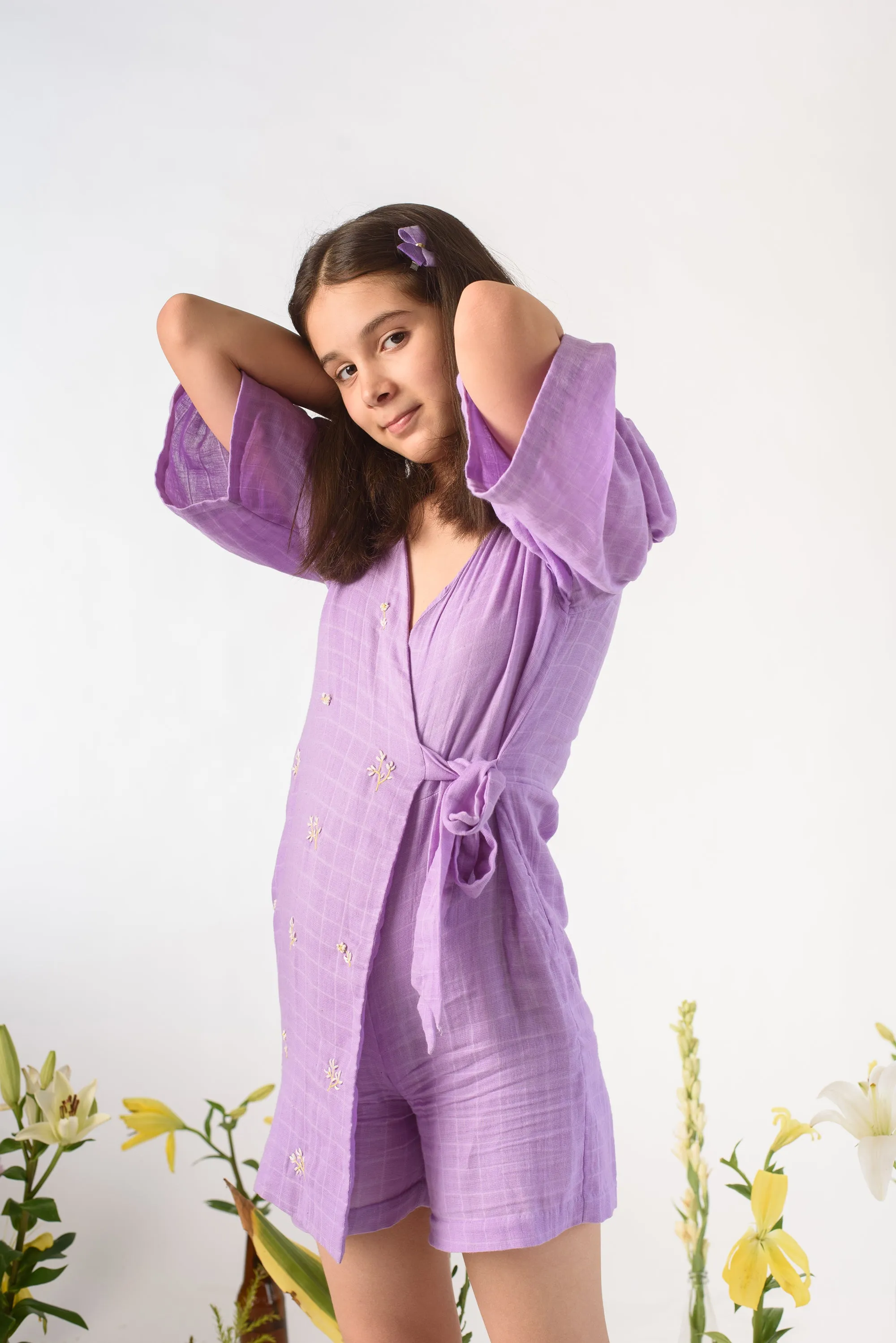 Lilac Jardin- Check Organic Cotton Jumpsuit For Girls