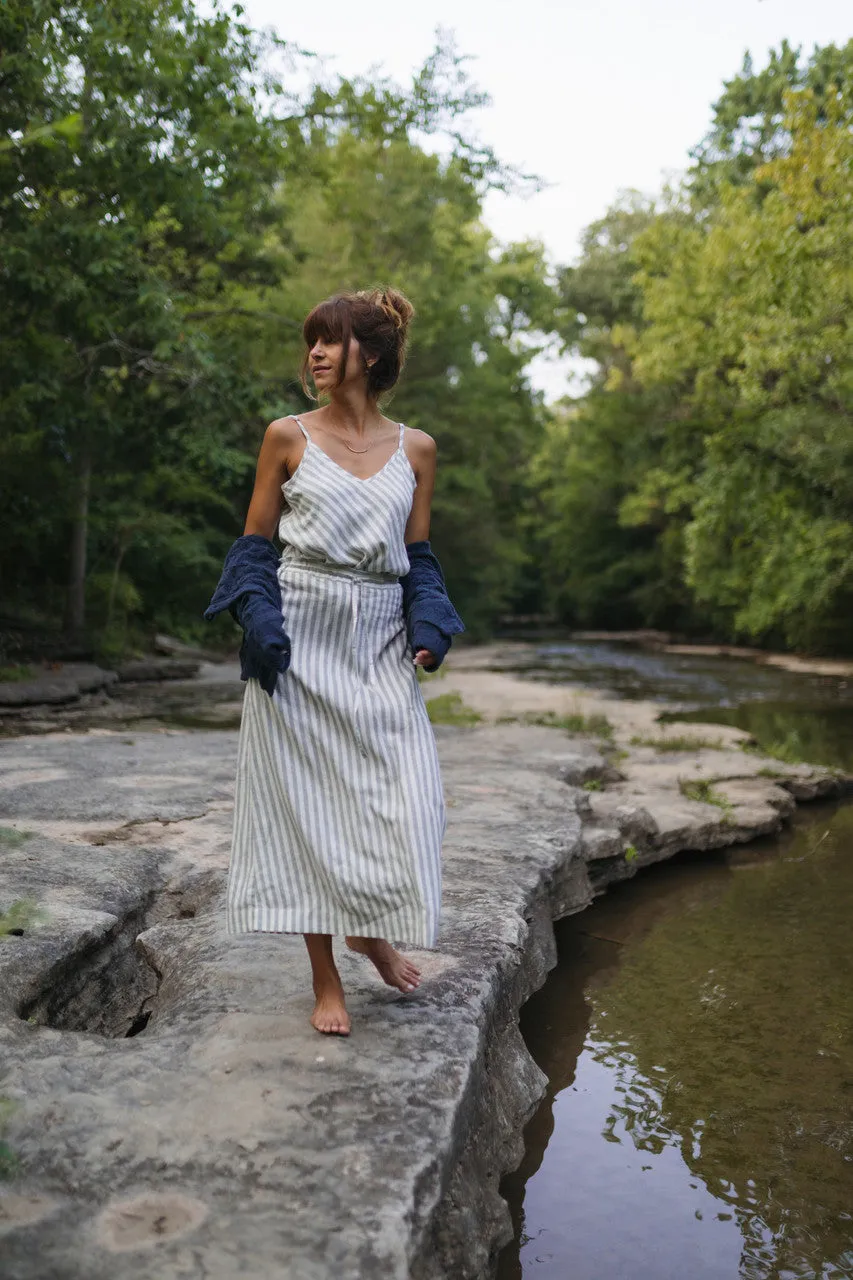 Linen Tank in Green and White Stripe Linen - XL