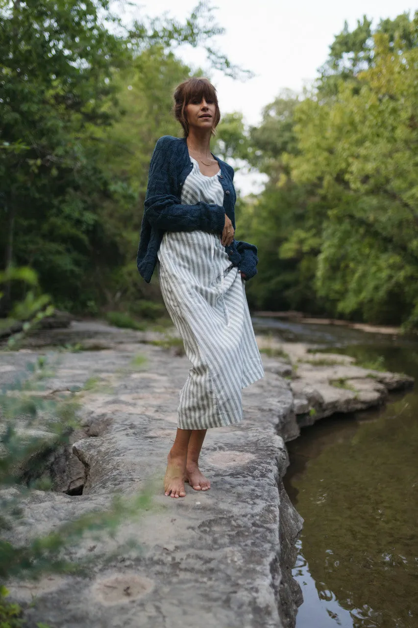 Linen Tank in Green and White Stripe Linen - XL