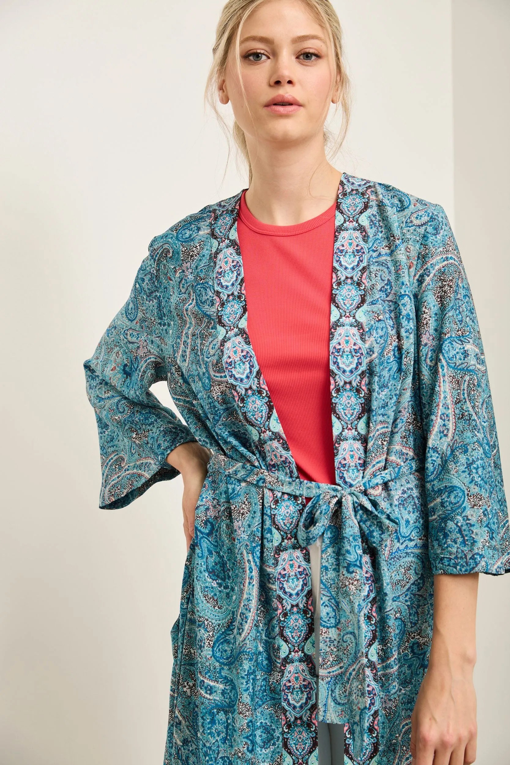 Long printed kimono jacket