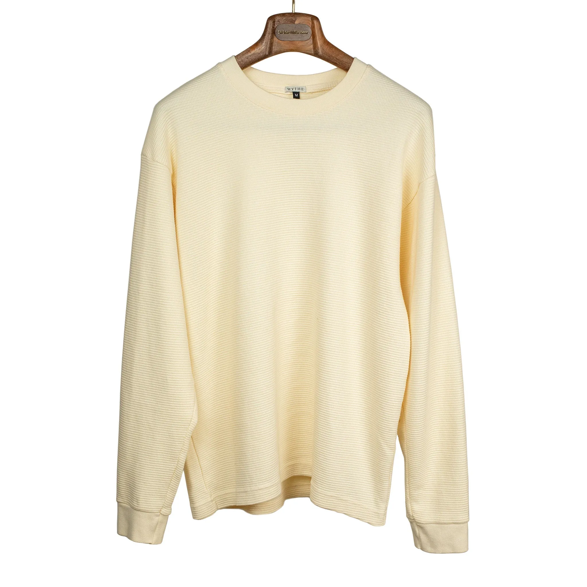 Long sleeve thermal tee in cream cotton waffle