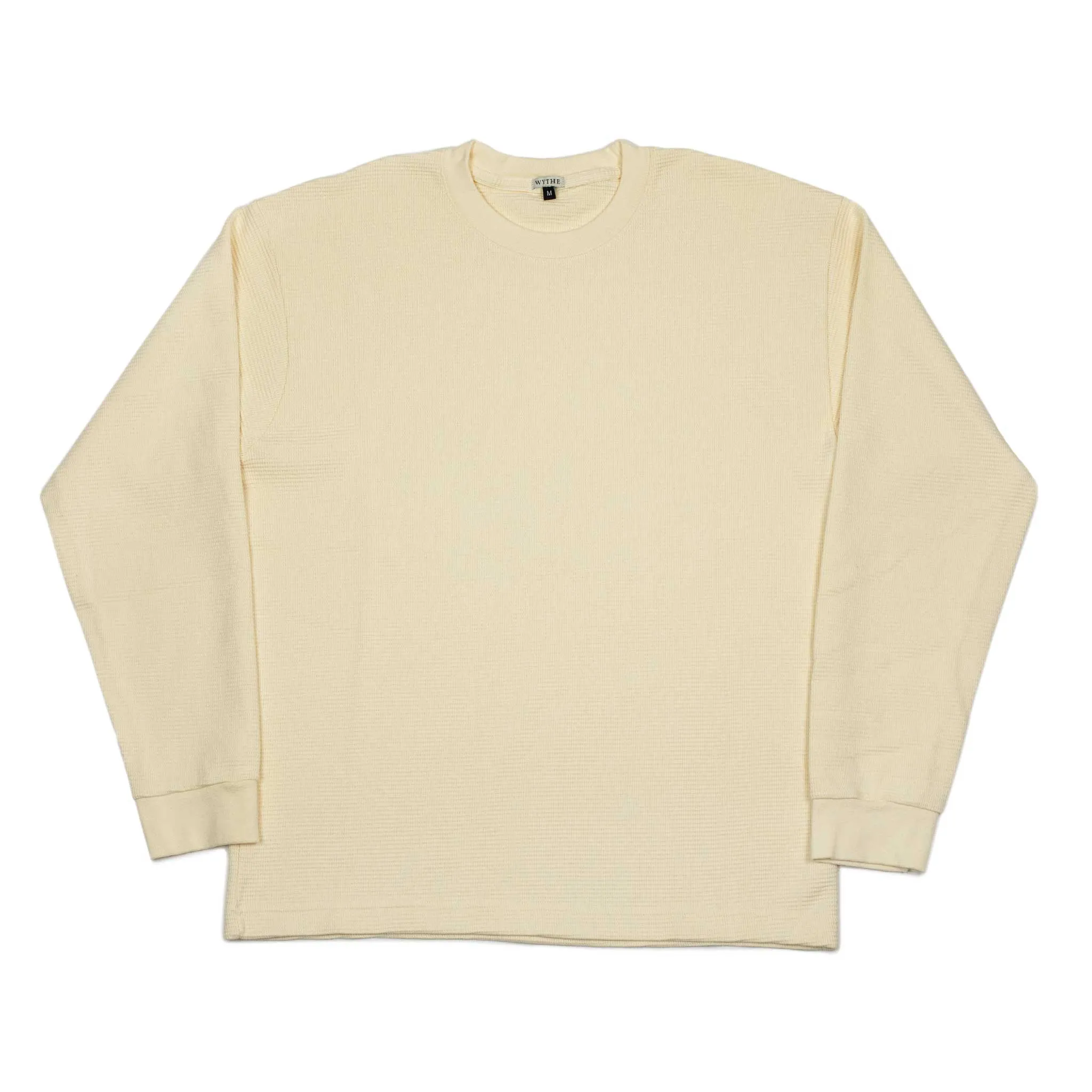 Long sleeve thermal tee in cream cotton waffle