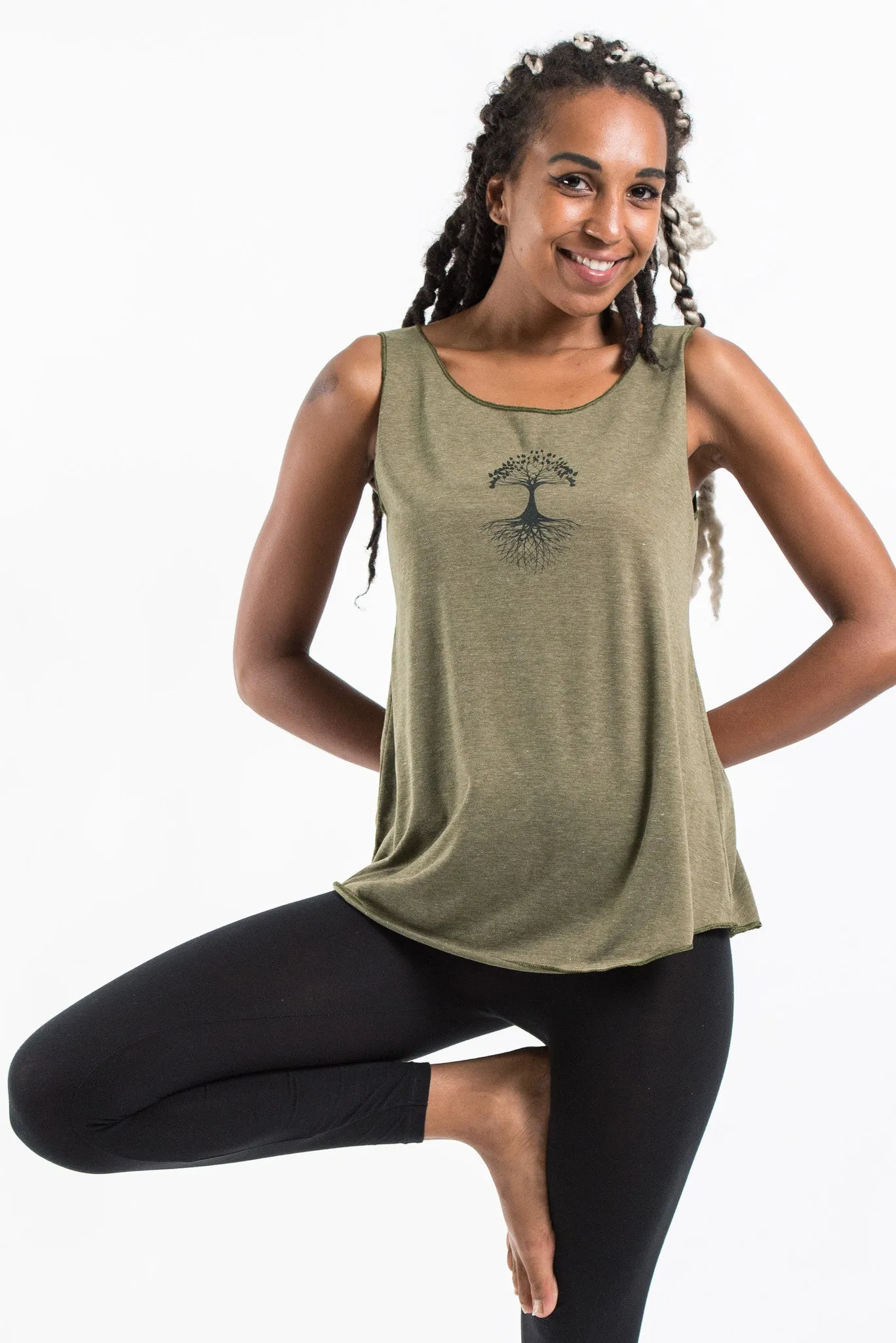 Loose Soft Vintage Style Women's Tank Tops Tree of Life Olive