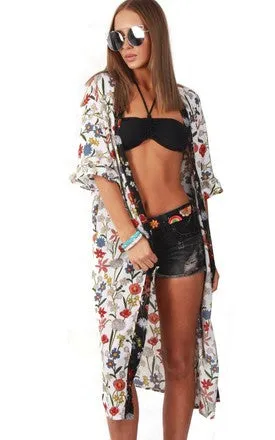 Maxi Long Floral Print Ruffle Sleeve Summer Holiday Kimono Jacket