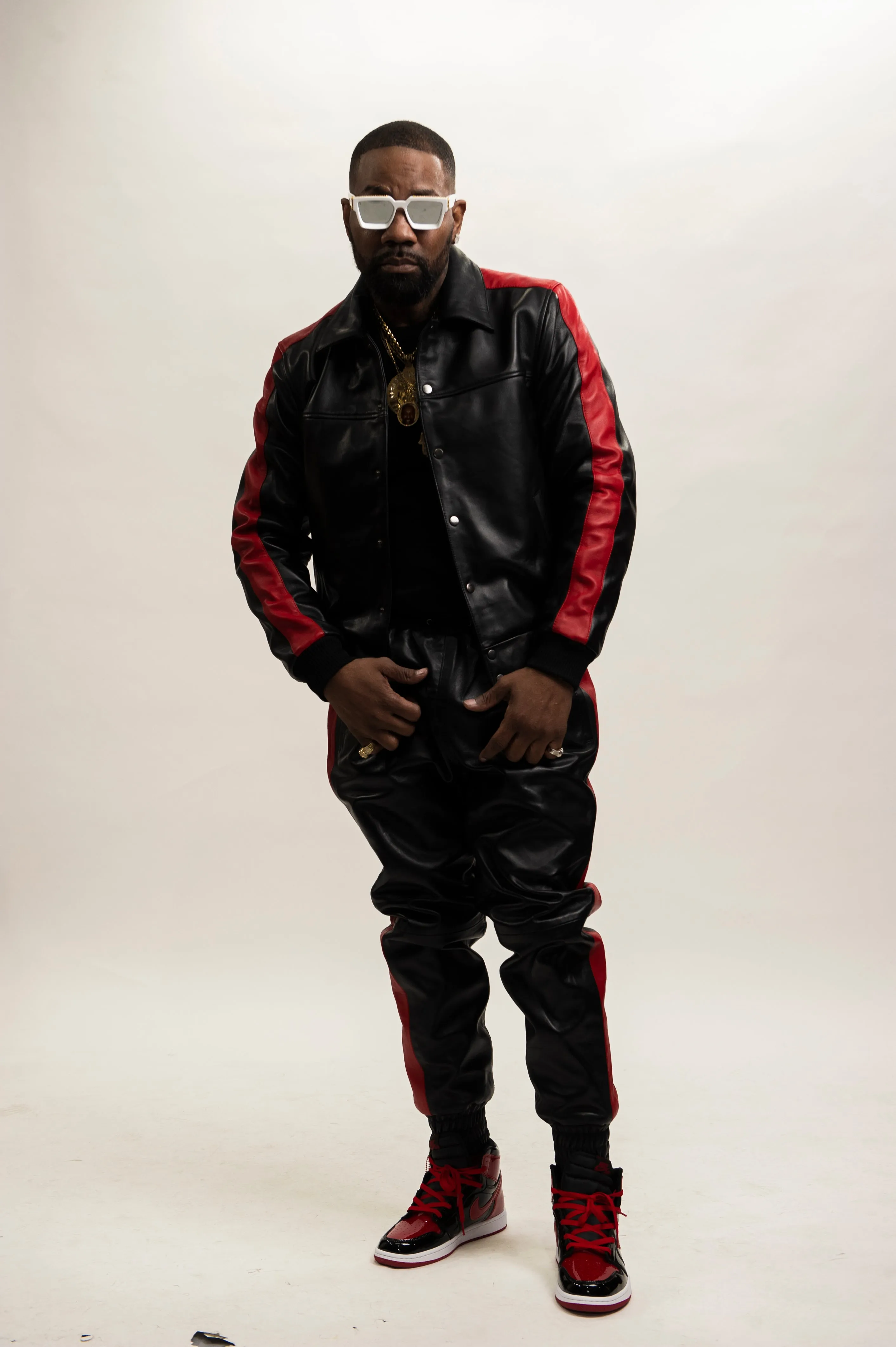 Men's Leather Track Suit Sweatsuit [Black/Red]