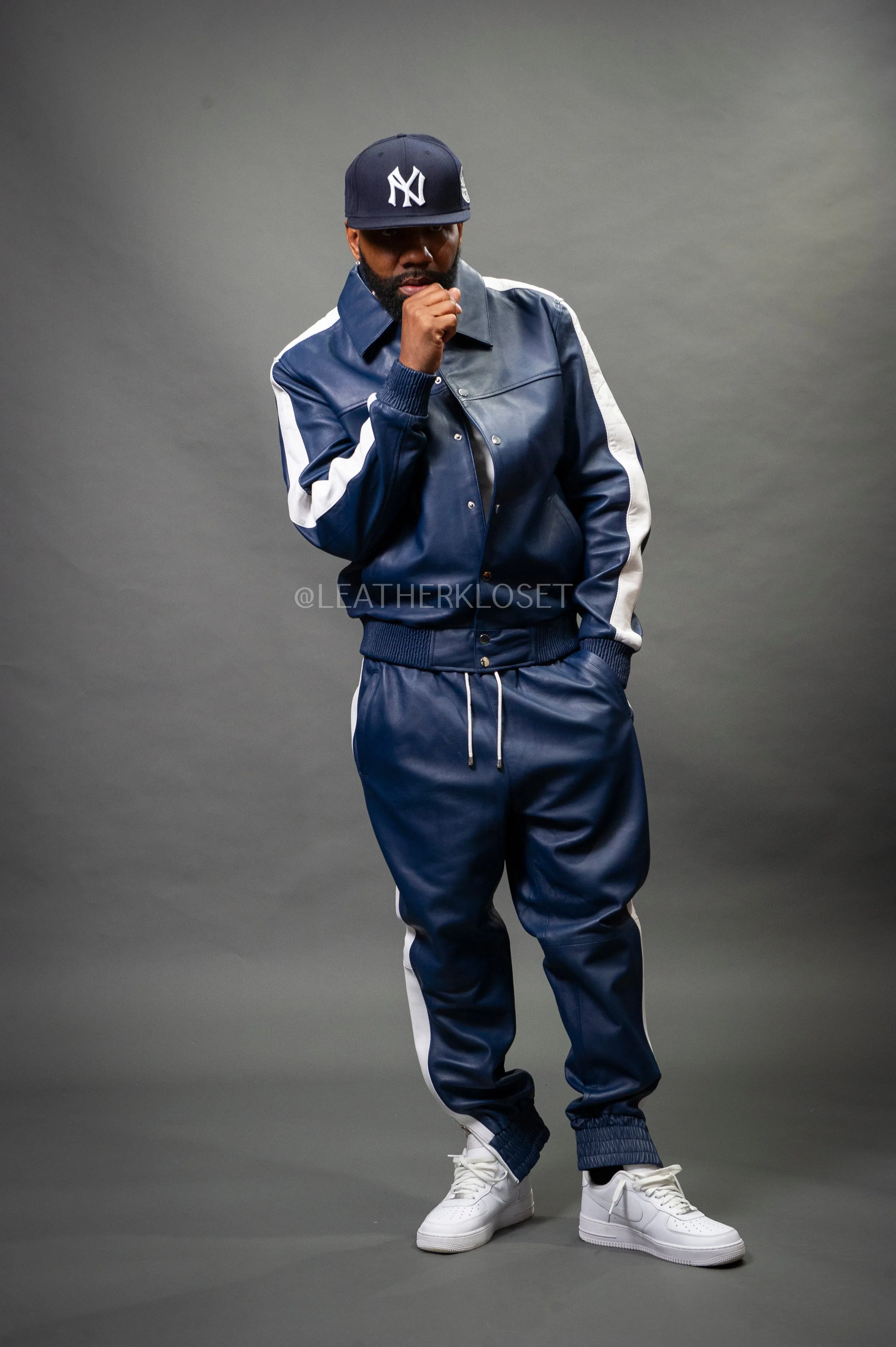 Men's Leather Track Suit Sweatsuit [Navy Blue/White]