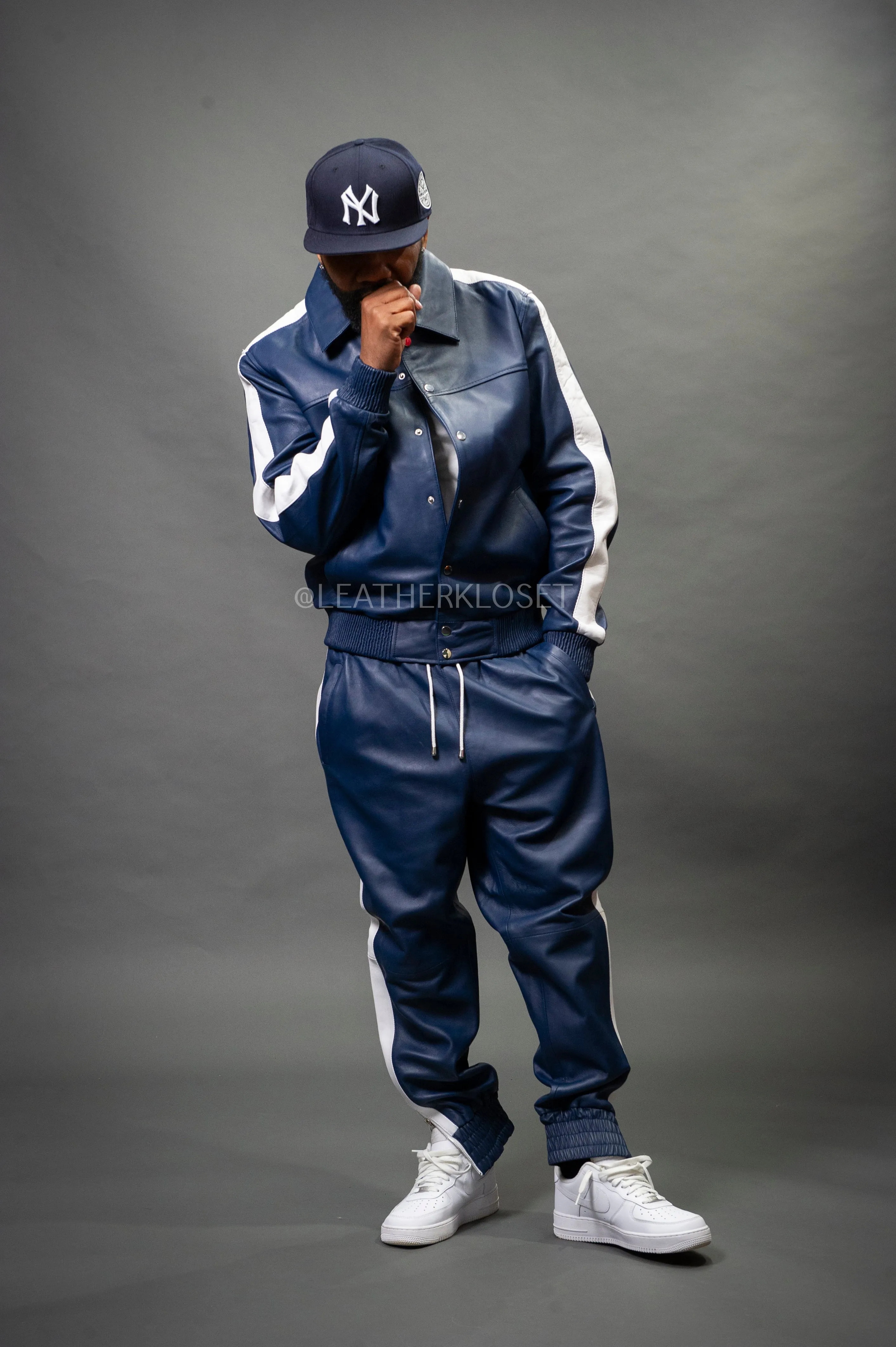 Men's Leather Track Suit Sweatsuit [Navy Blue/White]