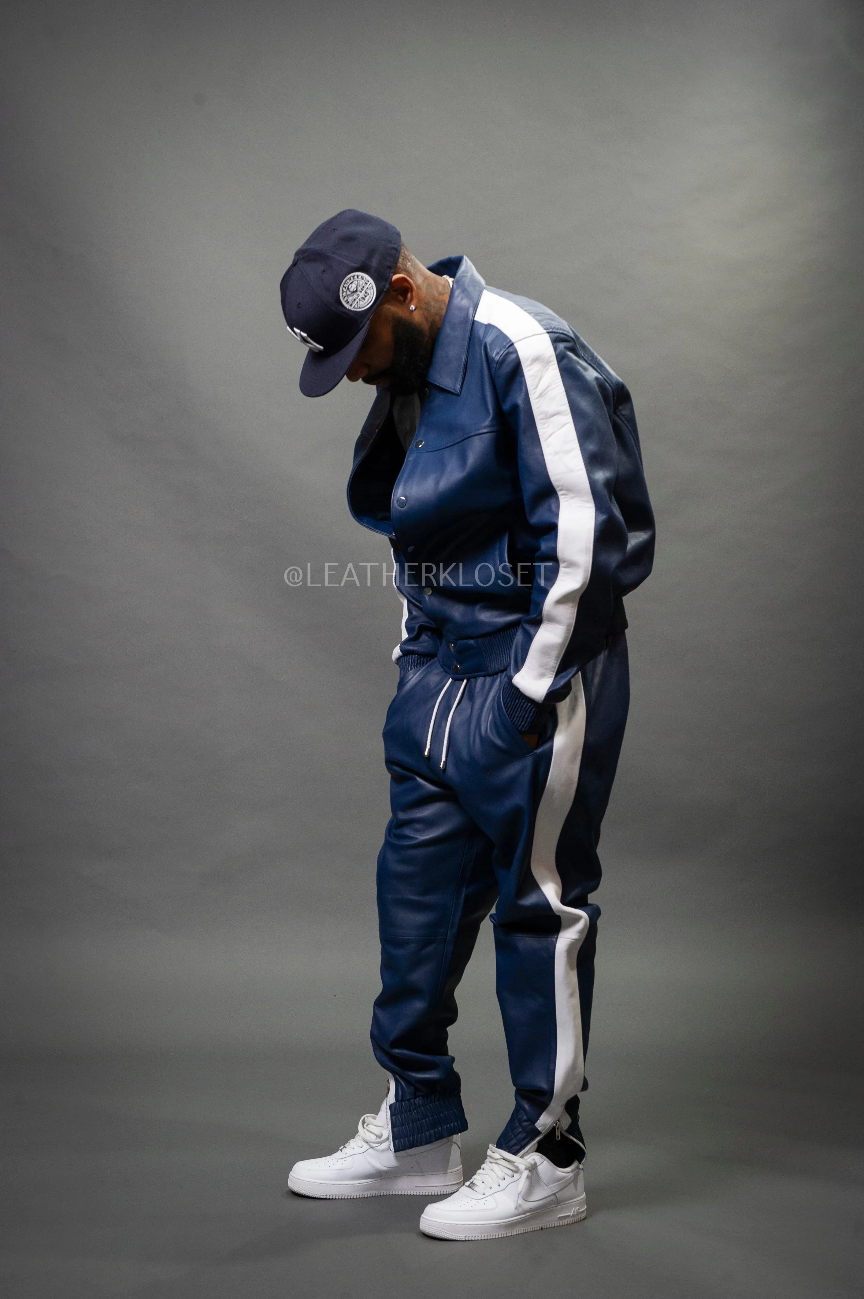 Men's Leather Track Suit Sweatsuit [Navy Blue/White]