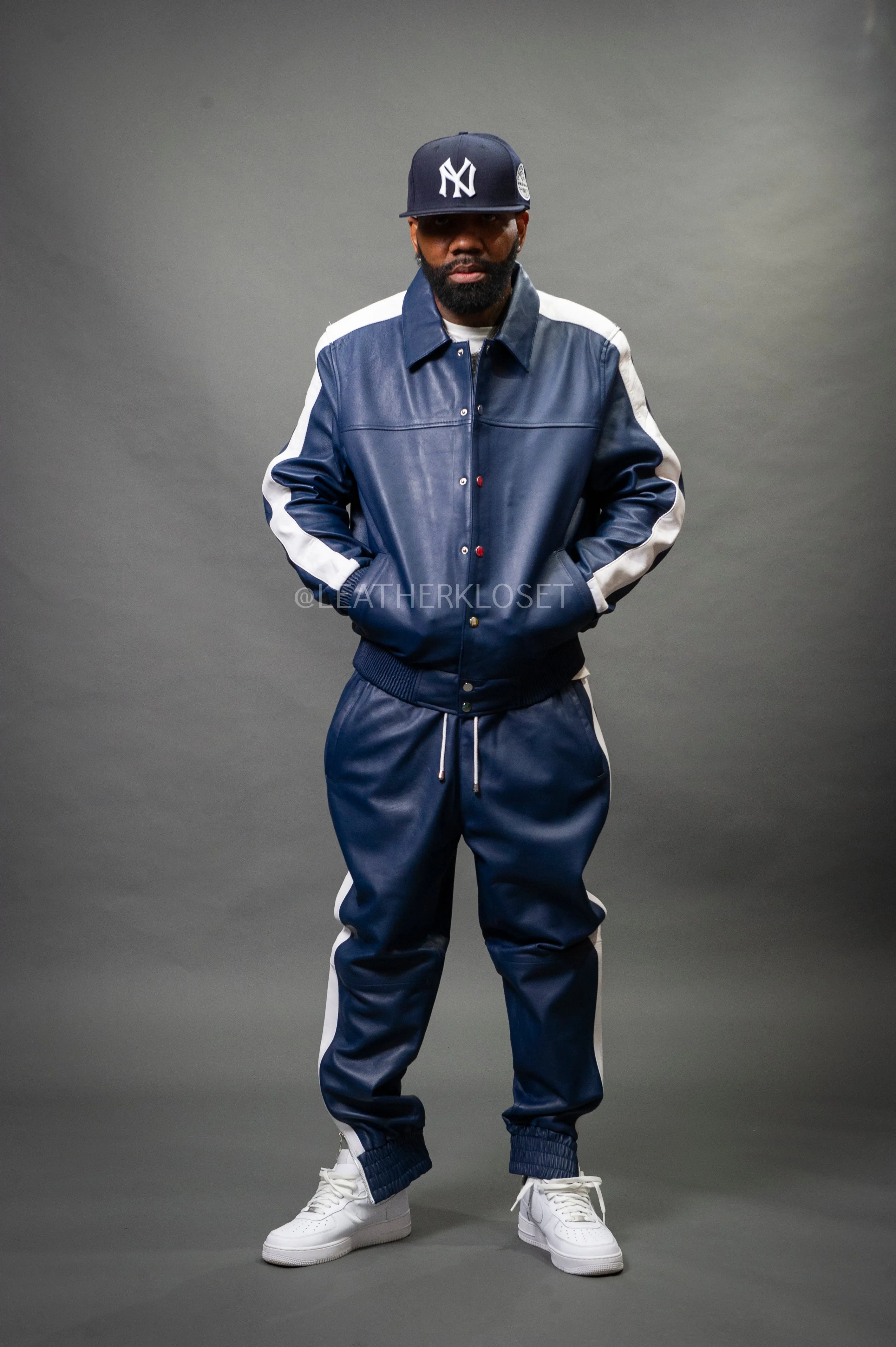 Men's Leather Track Suit Sweatsuit [Navy Blue/White]