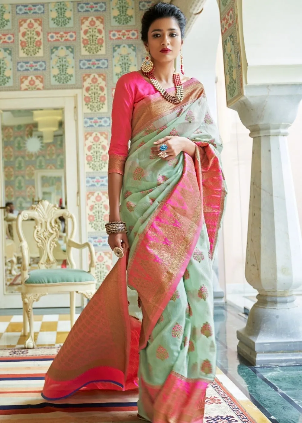 Mint Green Woven Linen Silk Saree with Butti overall