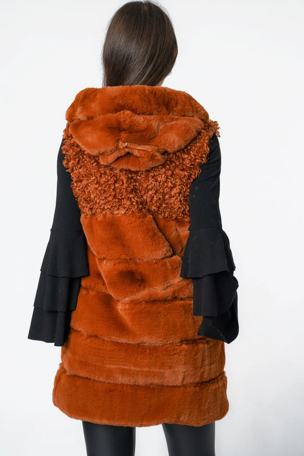 Mixed Fur Hooded Long Gilet