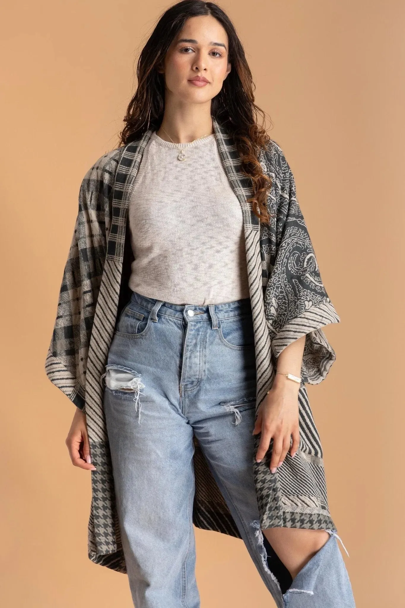 Mixed Plaid Pattern Long Jacket