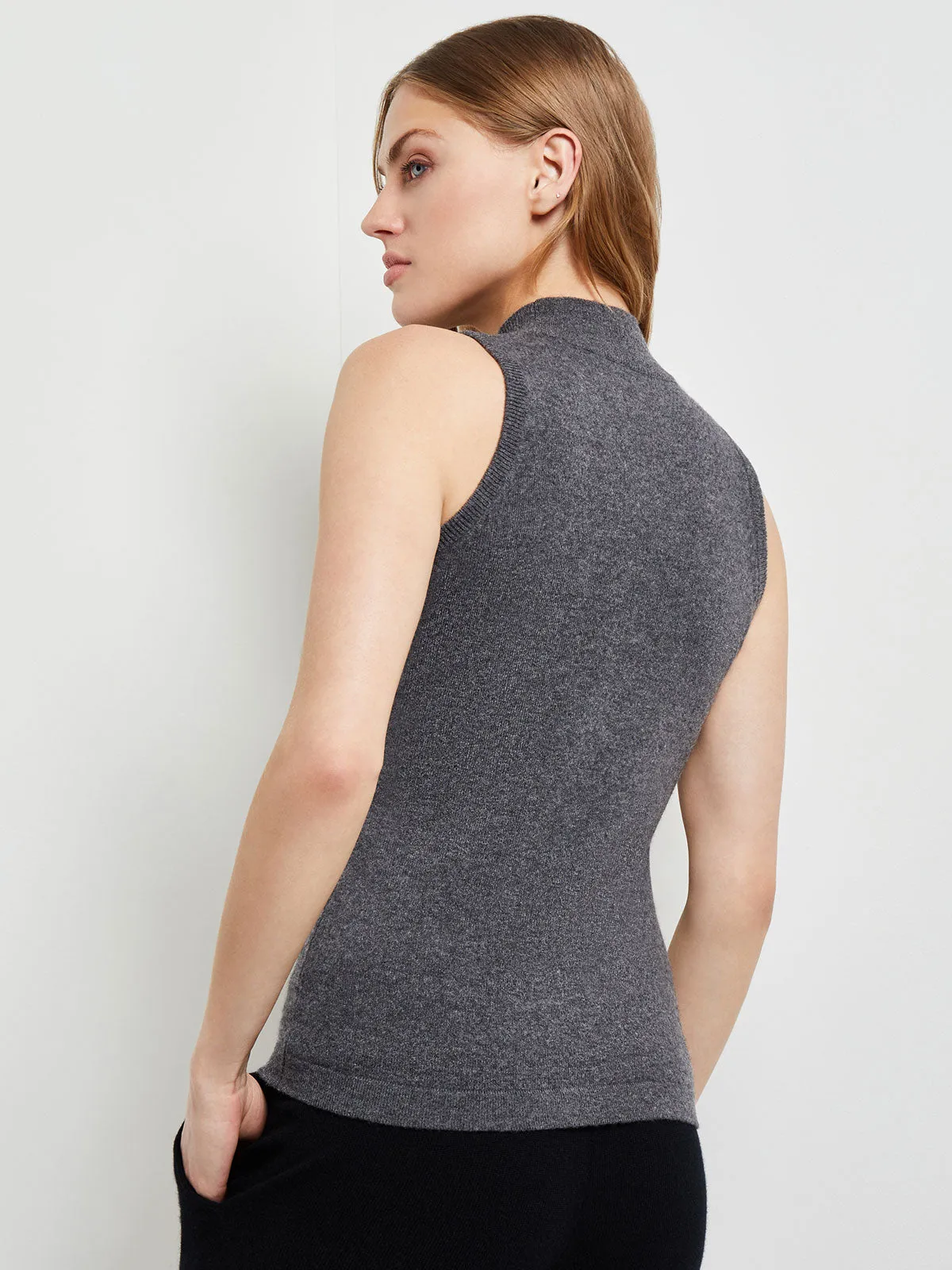 Mock Neck Cashmere Tank Top, Charcoal