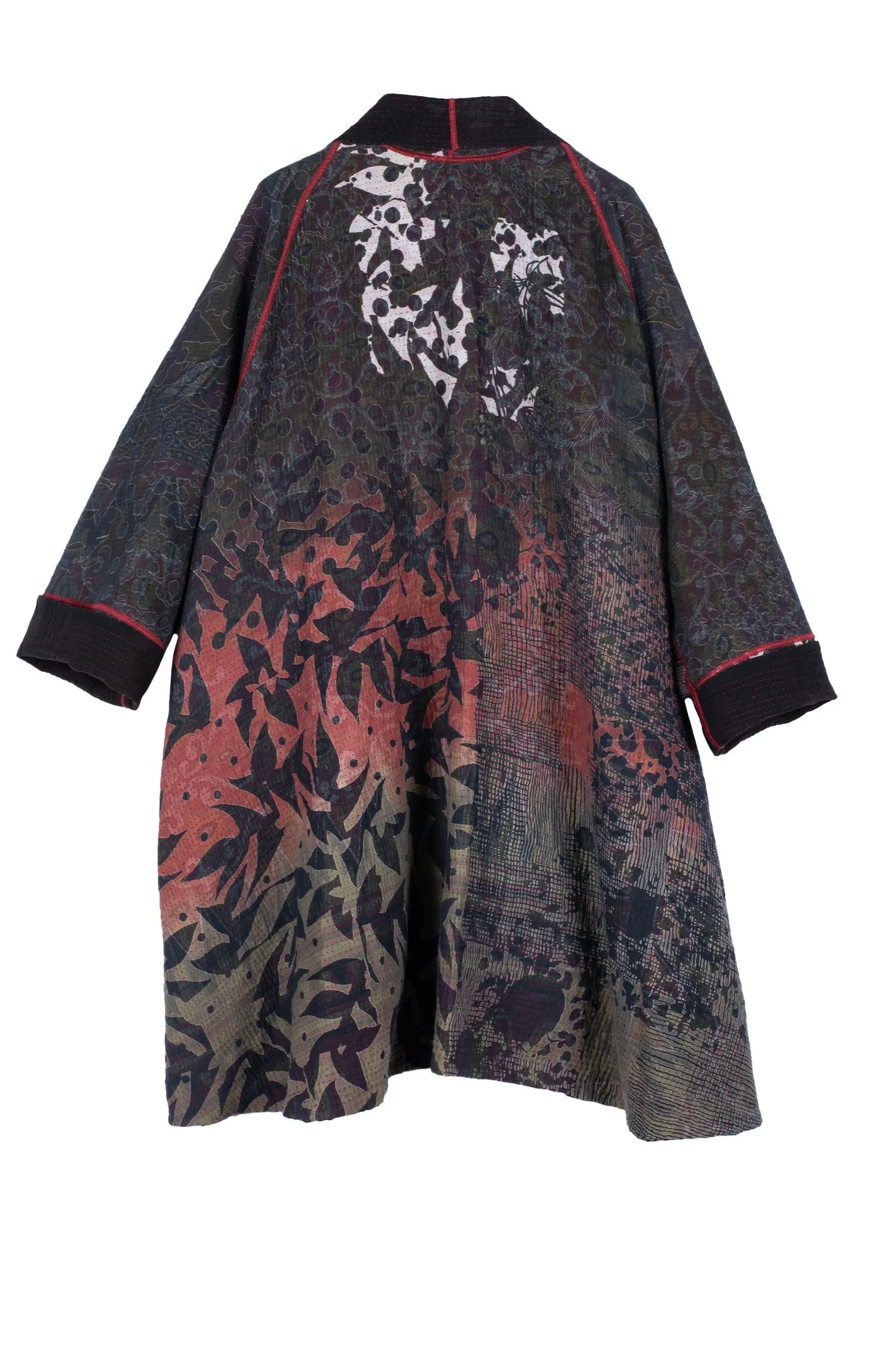 MONOTONE TWILIGHT PRINT KANTHA KIMONO LONG JKT - tp4005-red -