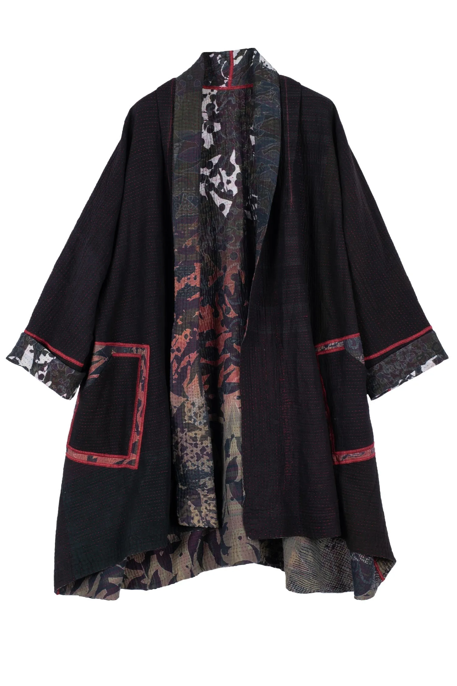 MONOTONE TWILIGHT PRINT KANTHA KIMONO LONG JKT - tp4005-red -